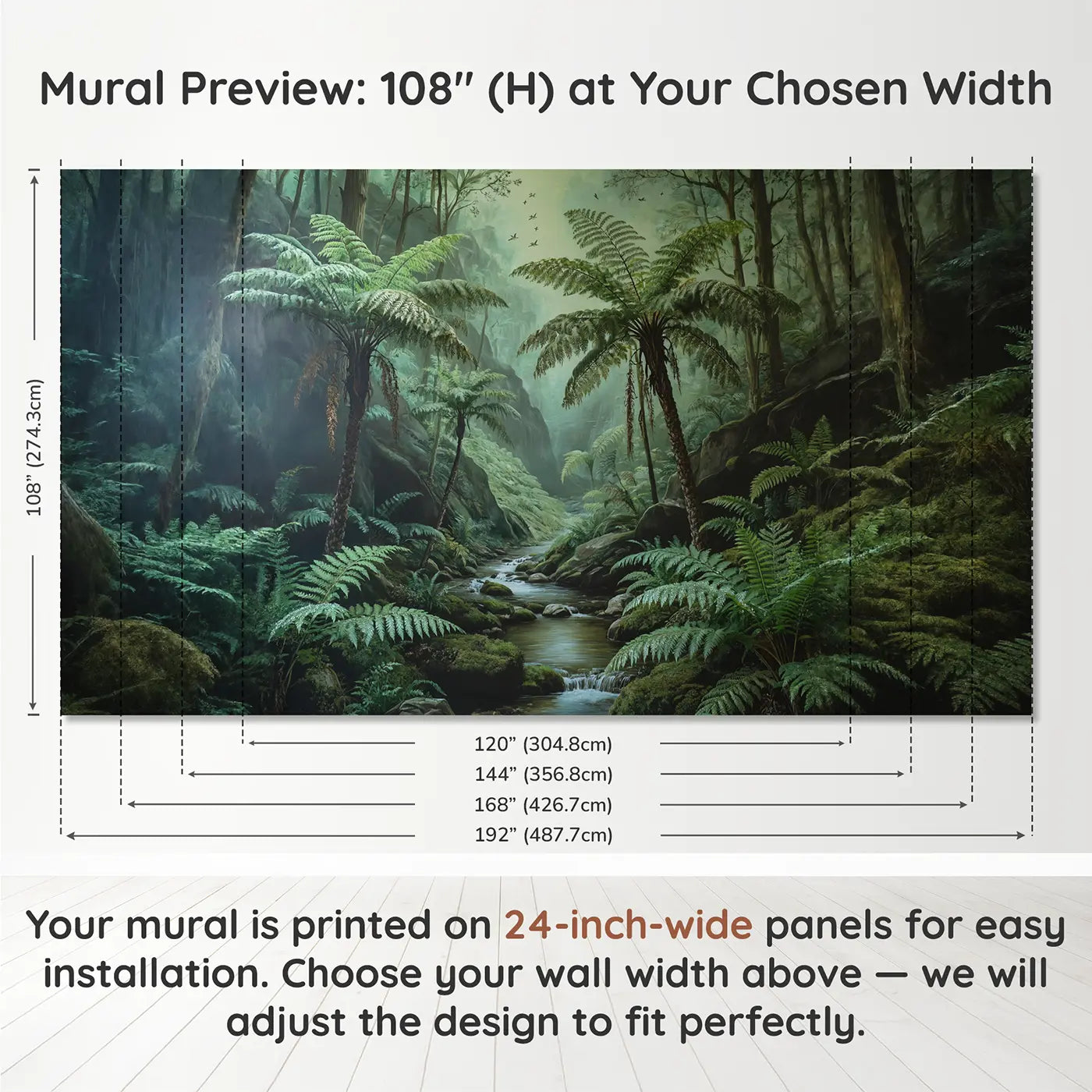 Panel layout and dimensions for Fern Gully Stream Monochrome Wallpaper Mural by Whimsy Tots