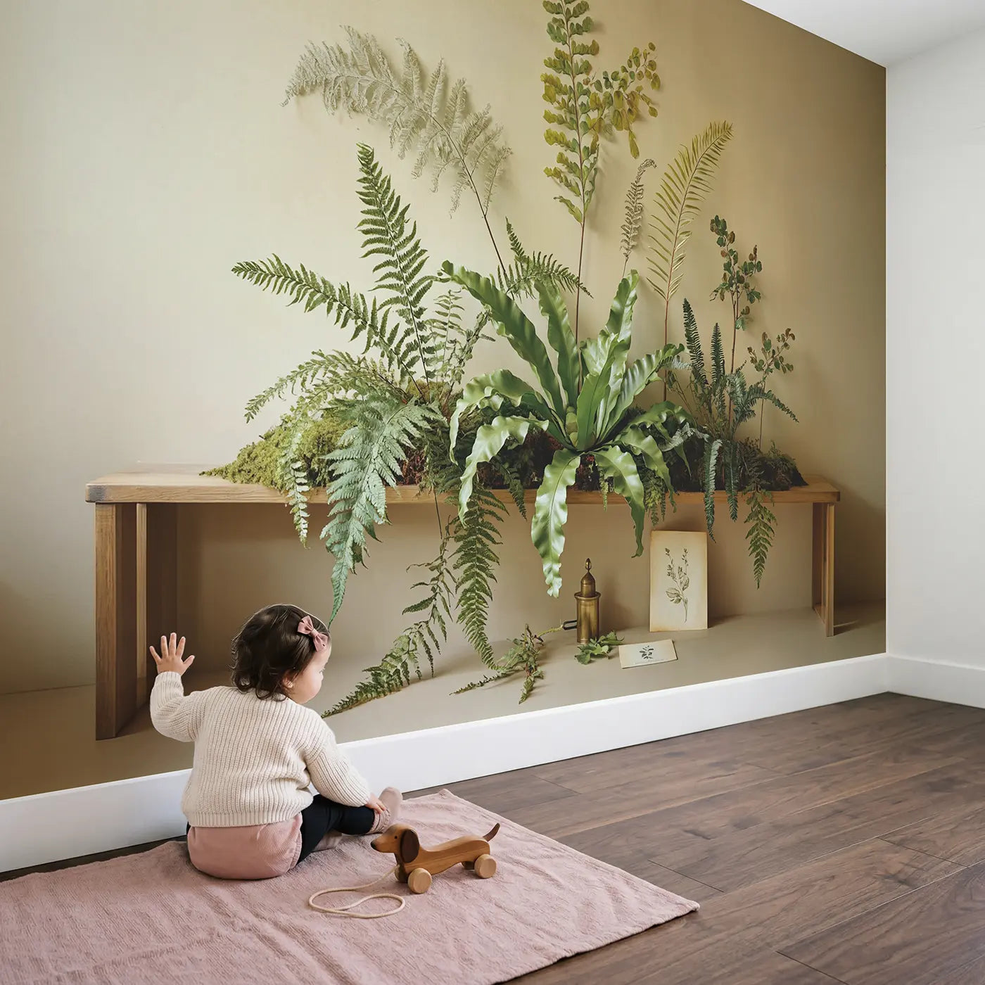 Child in nursery with Botanical Fern Collection Wallpaper Mural by Whimsy Tots