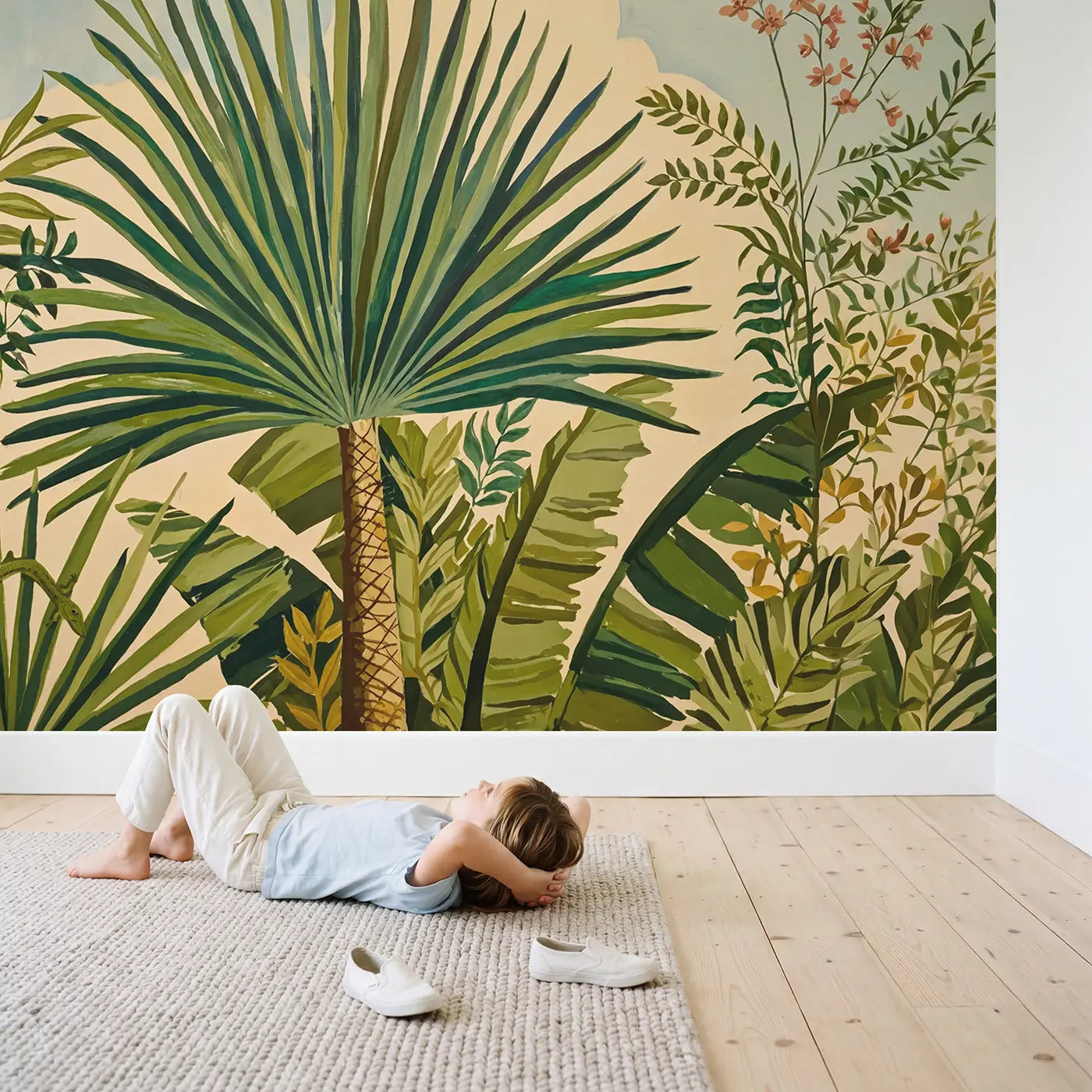 Child in nursery with Coastal Palm Frond Wallpaper Mural by Whimsy Tots
