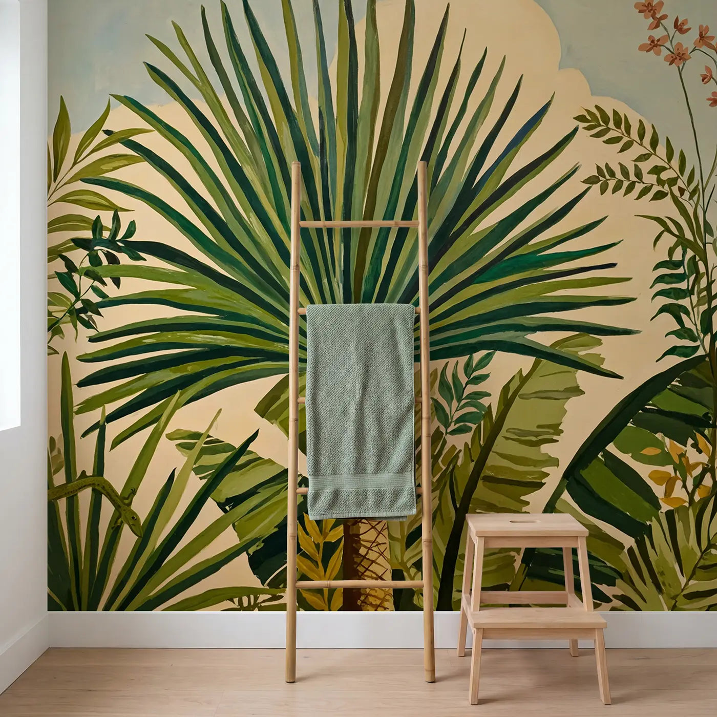 Coastal Palm Frond Wallpaper Mural in playroom setting by Whimsy Tots