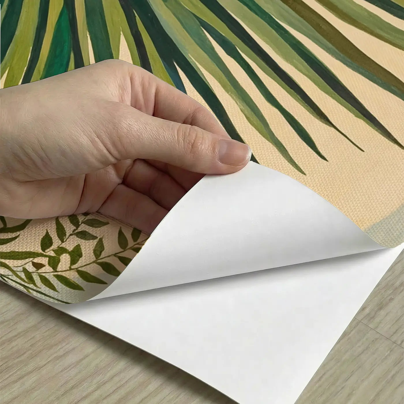 Peel-and-stick detail of Coastal Palm Frond Wallpaper Mural by Whimsy Tots