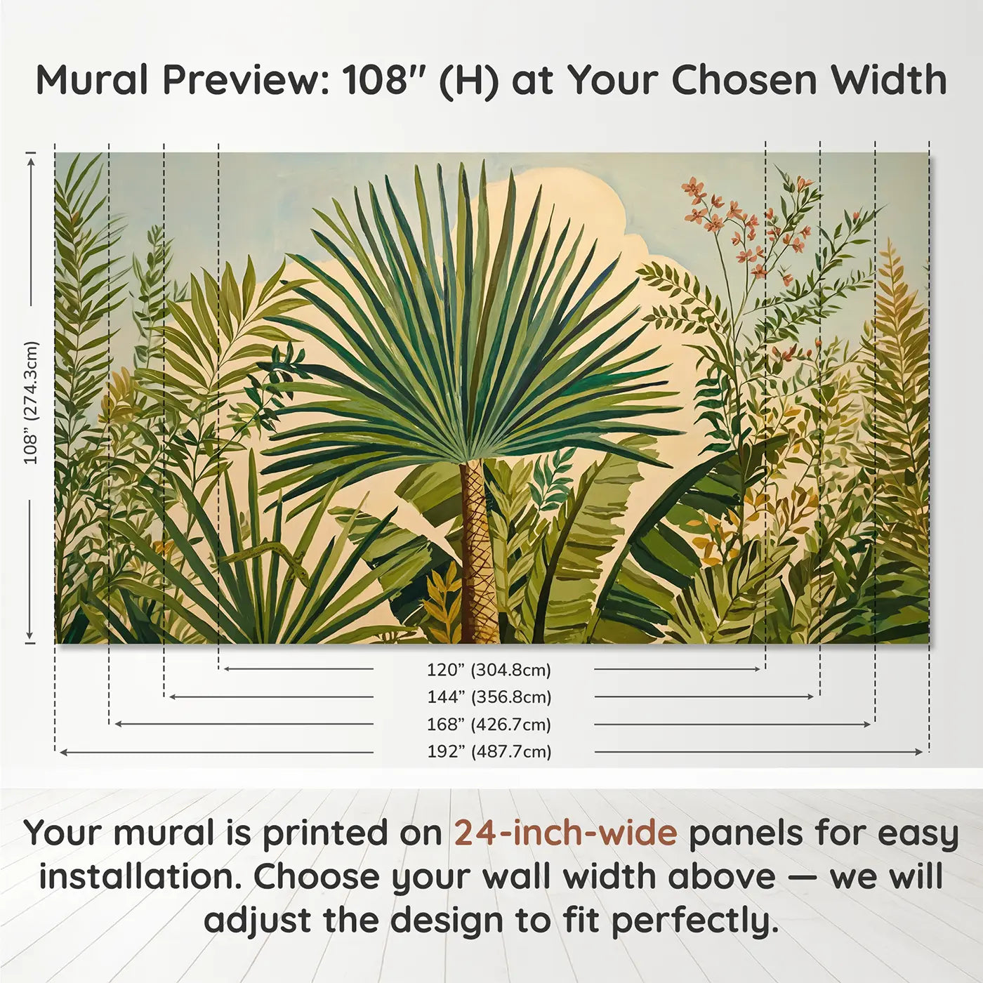 Panel layout and dimensions for Coastal Palm Frond Wallpaper Mural by Whimsy Tots