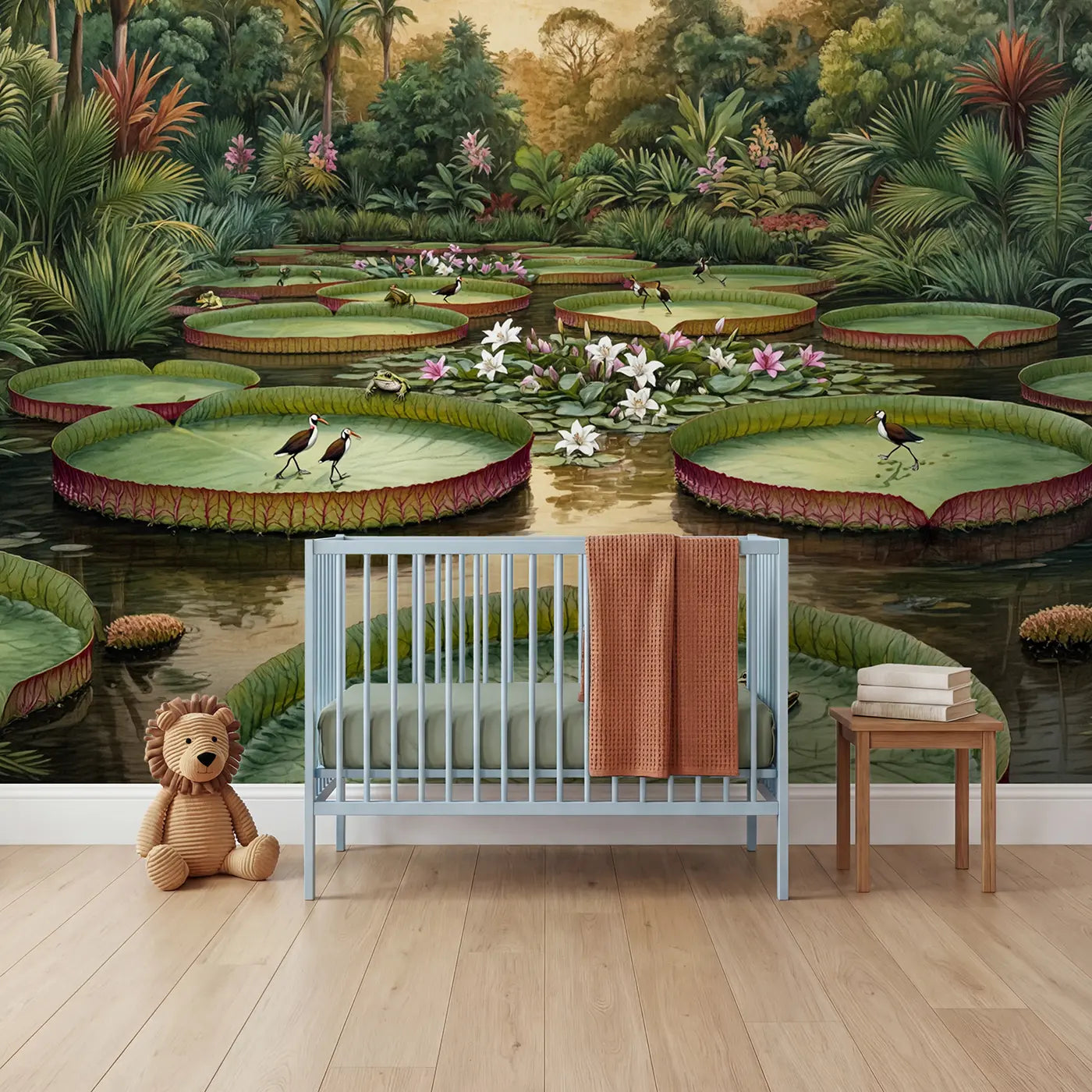 Storybook giant water lily tropical pond wallpaper mural for kids room by Whimsy Tots