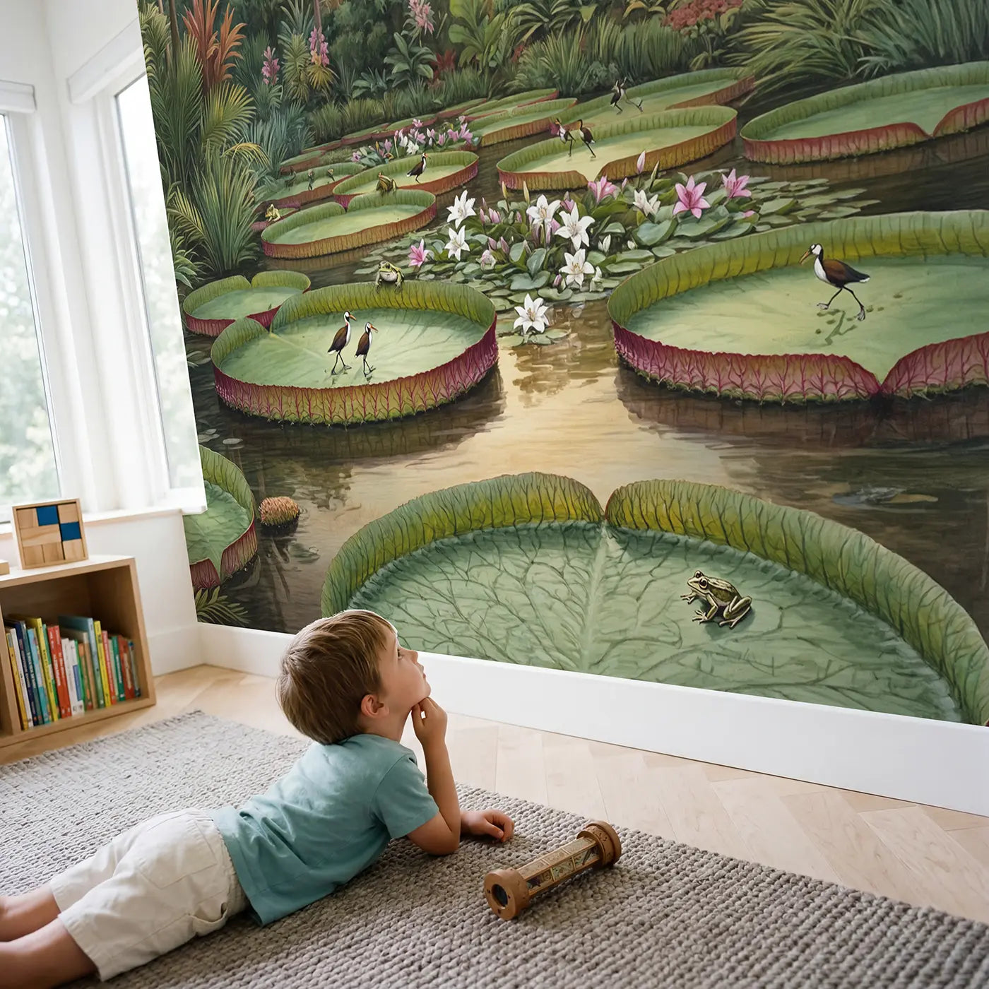 Child in nursery with Giant Water Lily Tropical Pond Wallpaper Mural by Whimsy Tots