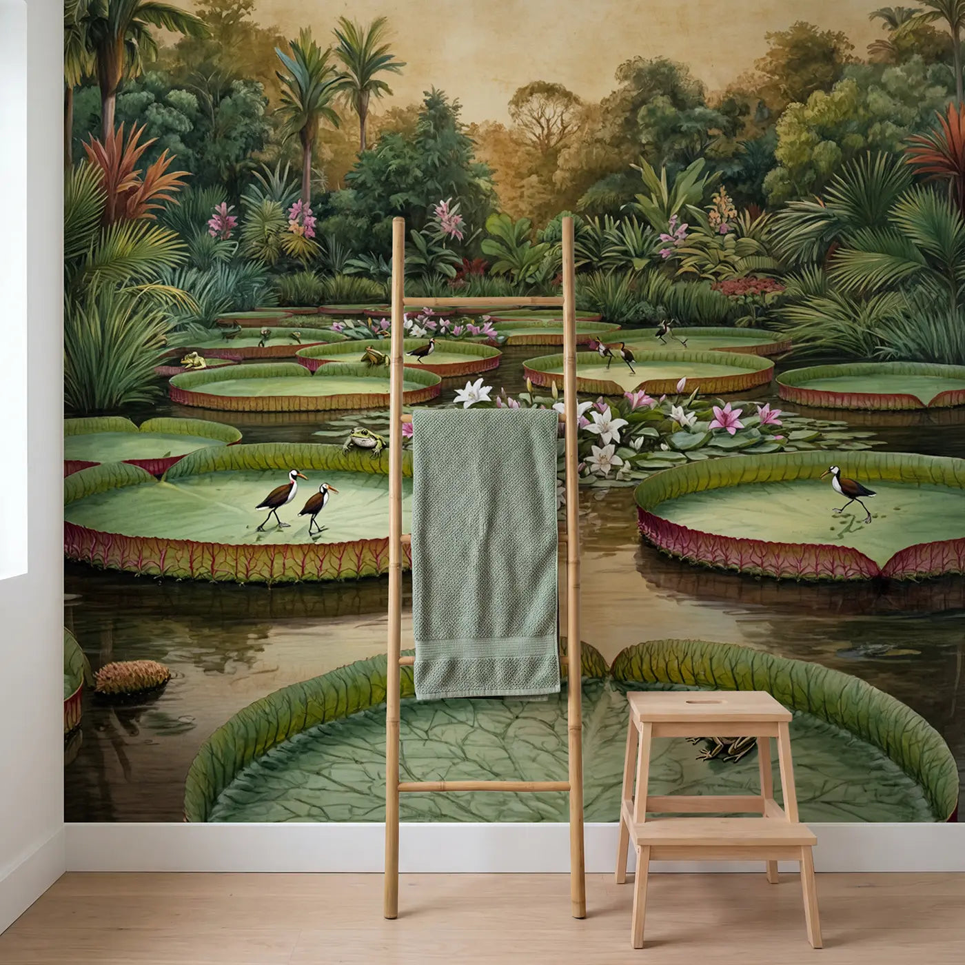 Giant Water Lily Tropical Pond Wallpaper Mural in playroom setting by Whimsy Tots