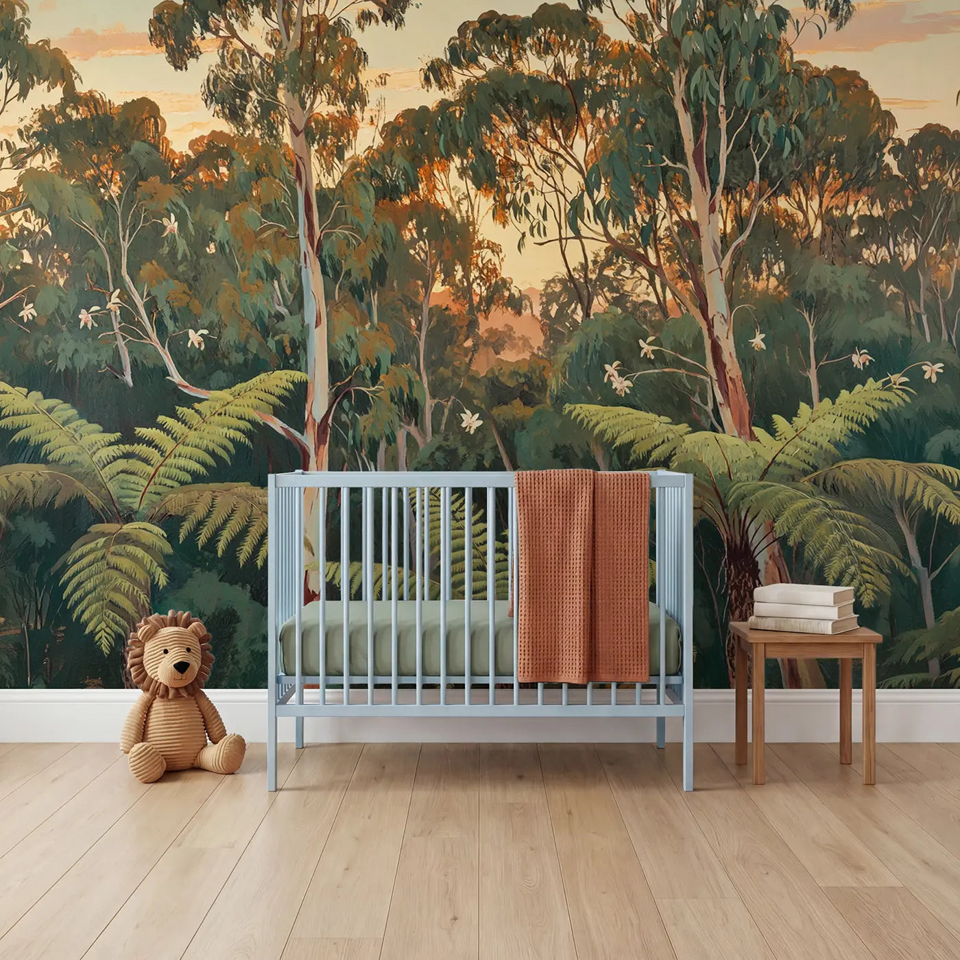 Painted Landscape eucalyptus canopy upward view wallpaper mural for nursery by Whimsy Tots