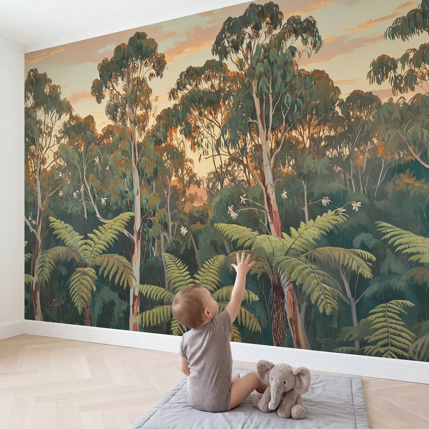 Child in nursery with Eucalyptus Canopy Upward View Wallpaper Mural by Whimsy Tots