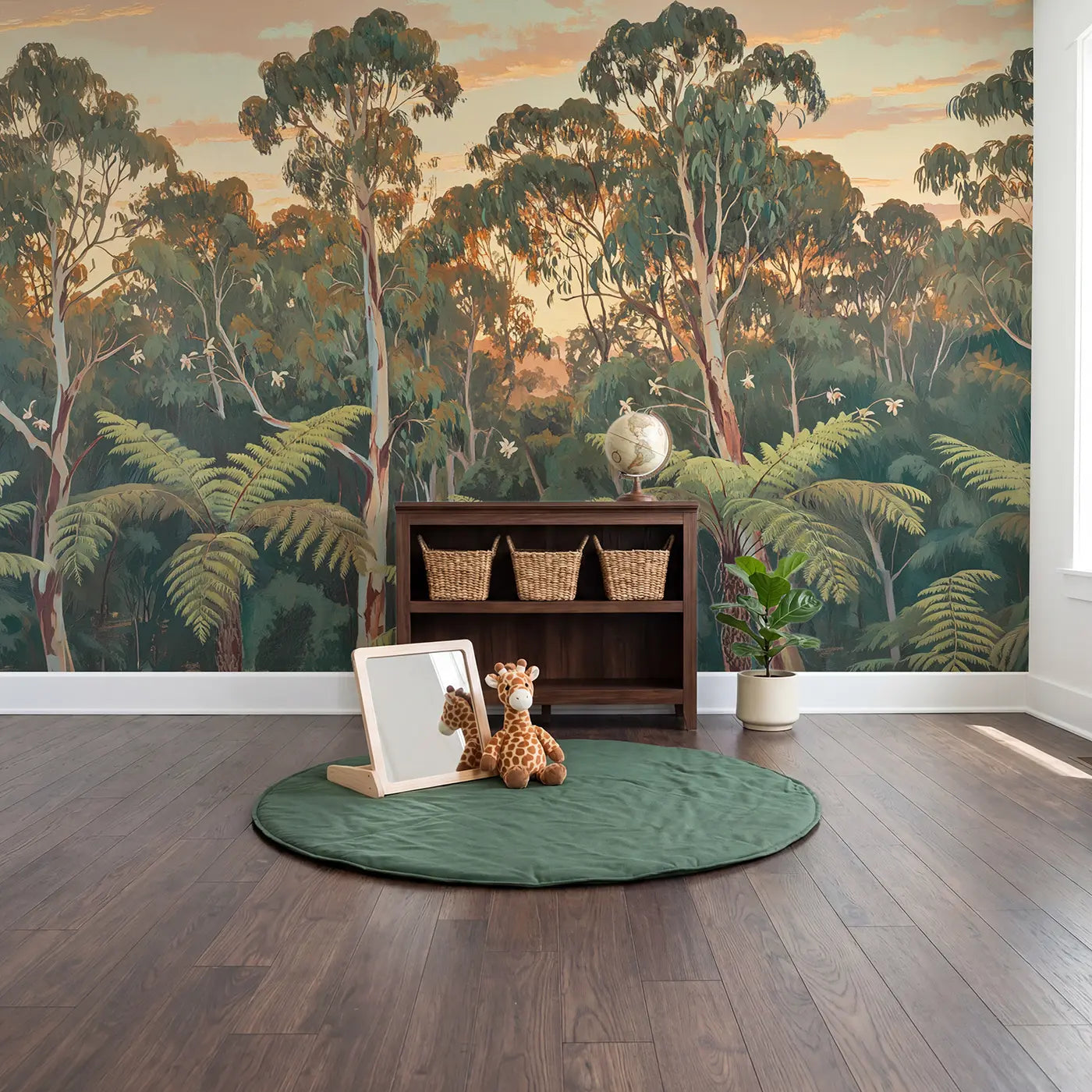 Eucalyptus Canopy Upward View Wallpaper Mural in playroom setting by Whimsy Tots
