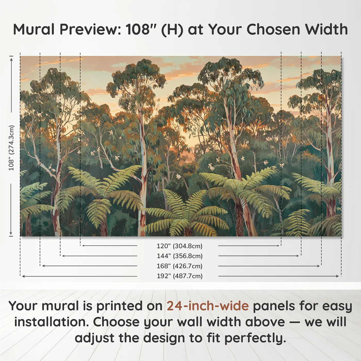 Panel layout and dimensions for Eucalyptus Canopy Upward View Wallpaper Mural by Whimsy Tots
