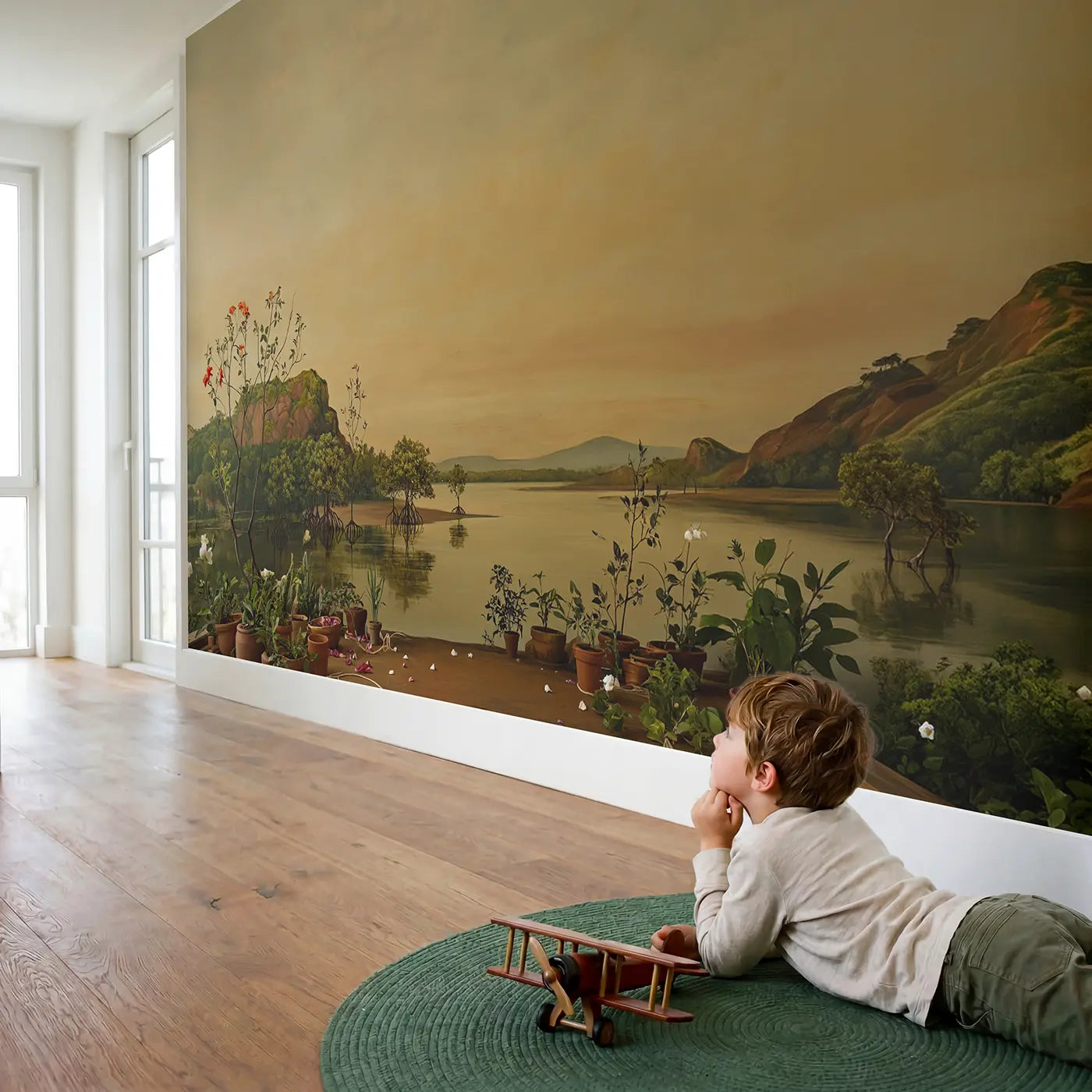 Child in nursery with Mangroveinspired Water Garden Wallpaper Mural by Whimsy Tots