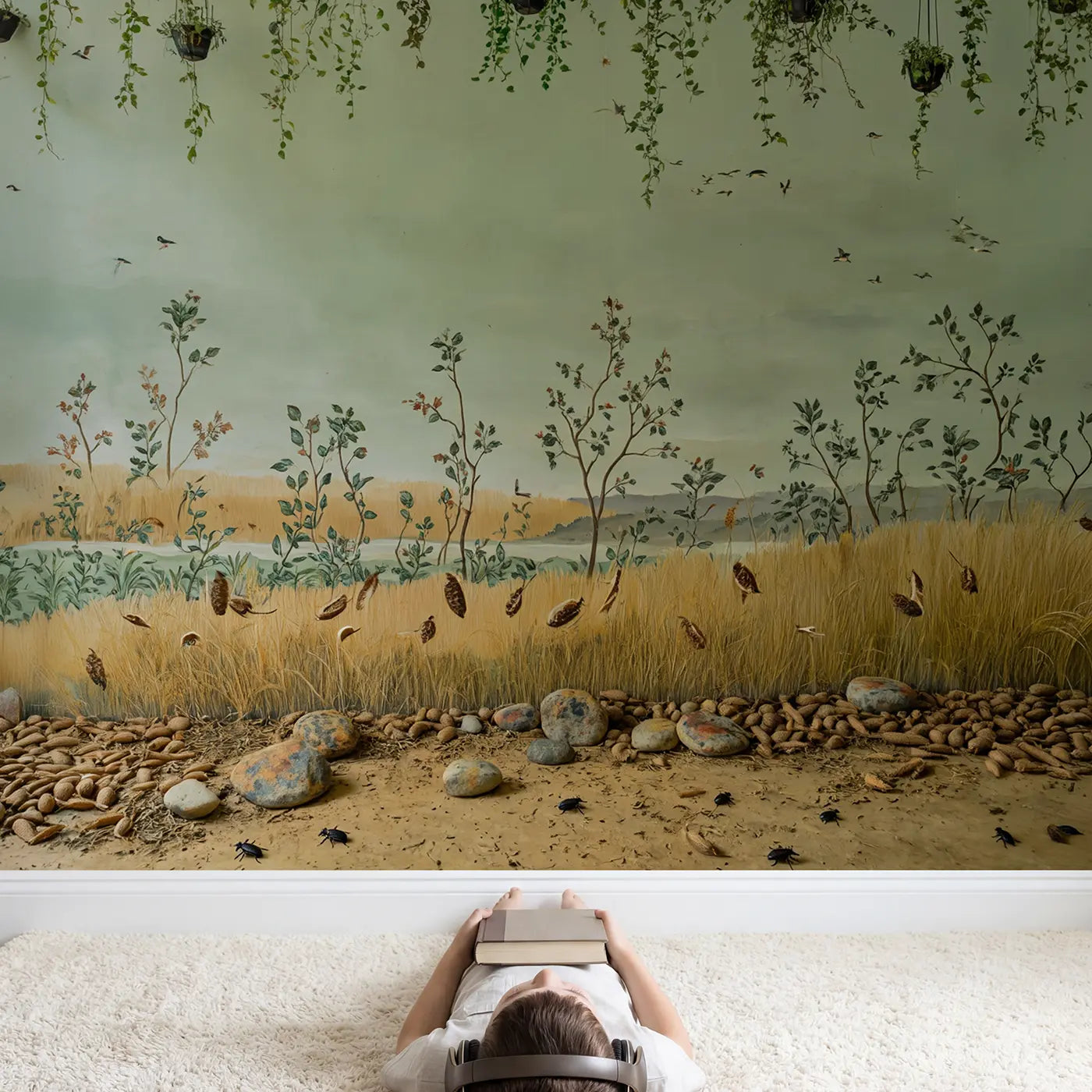 Child in nursery with Hanging Plants Different Heights Wallpaper Mural by Whimsy Tots
