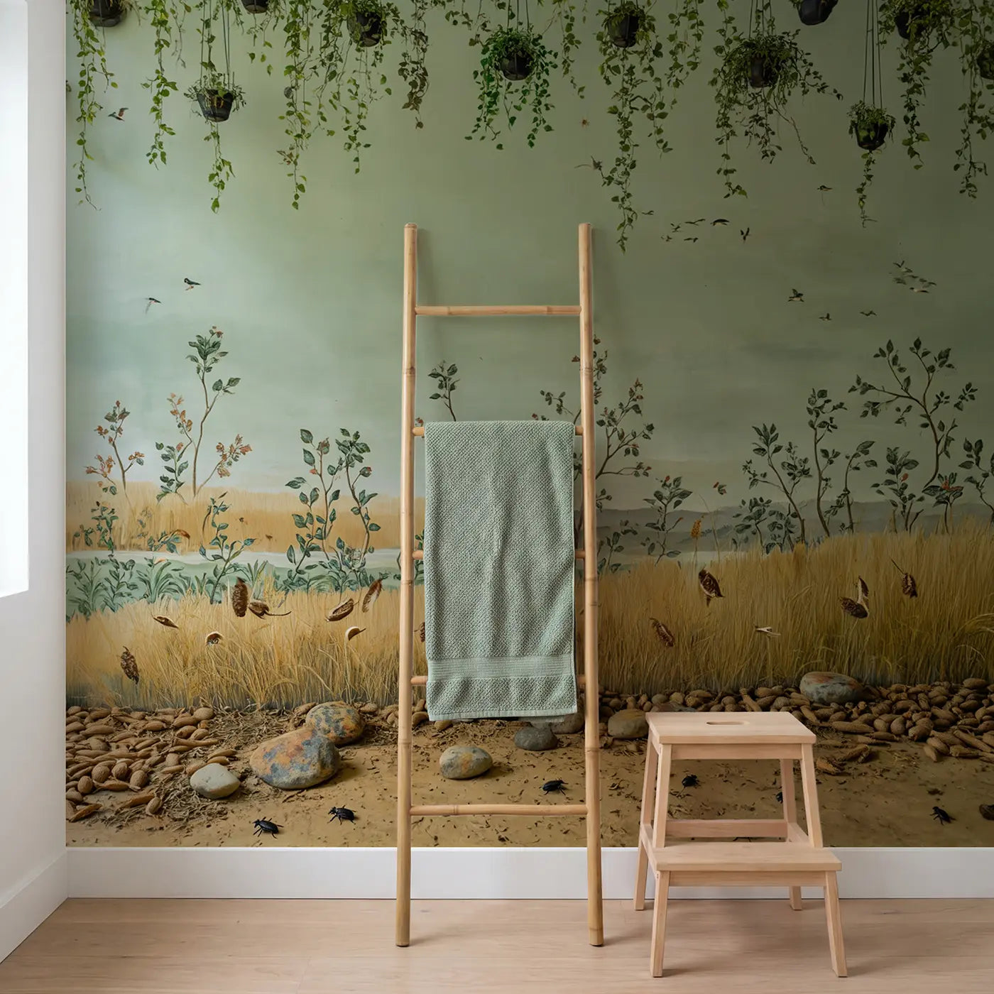 Hanging Plants Different Heights Wallpaper Mural in playroom setting by Whimsy Tots