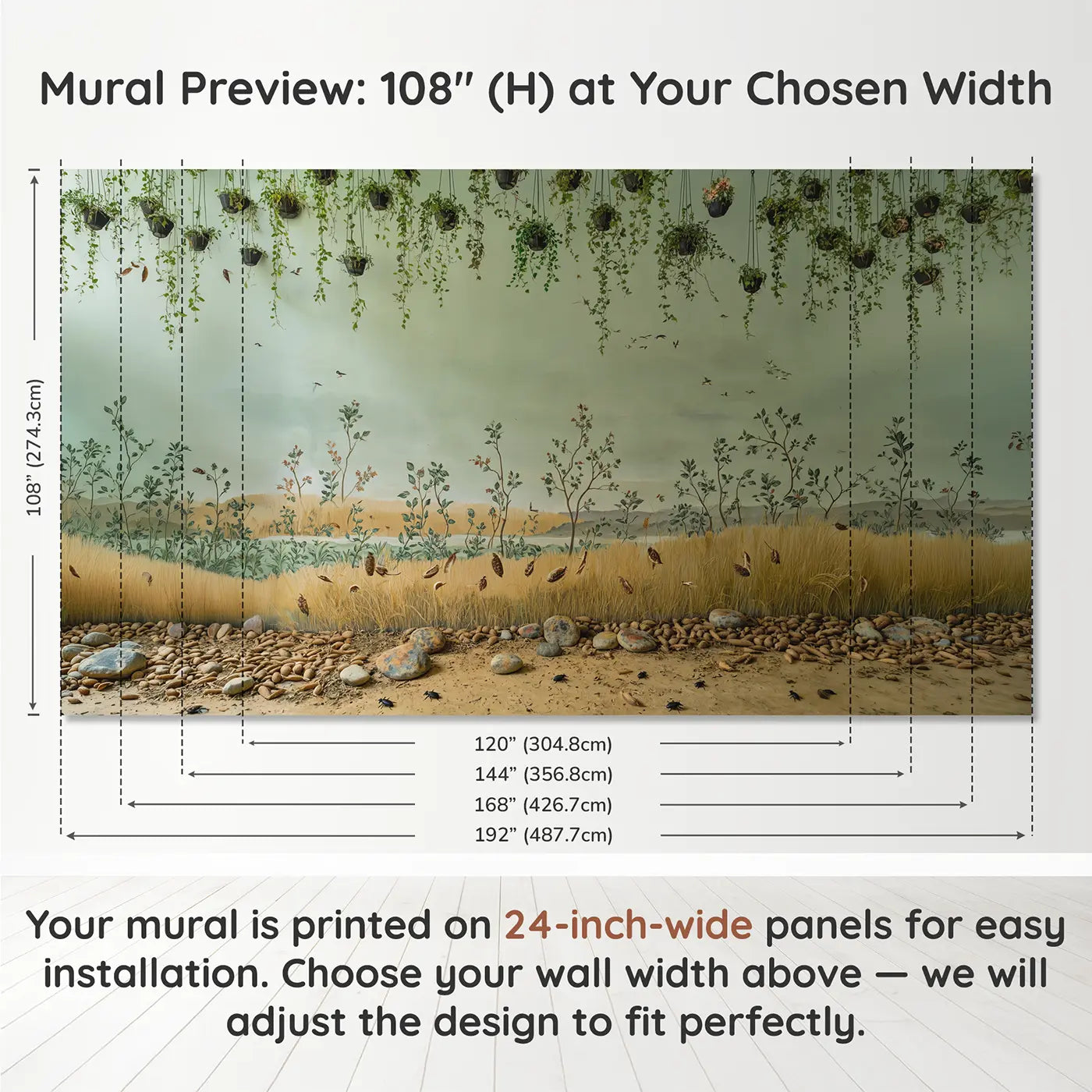 Panel layout and dimensions for Hanging Plants Different Heights Wallpaper Mural by Whimsy Tots