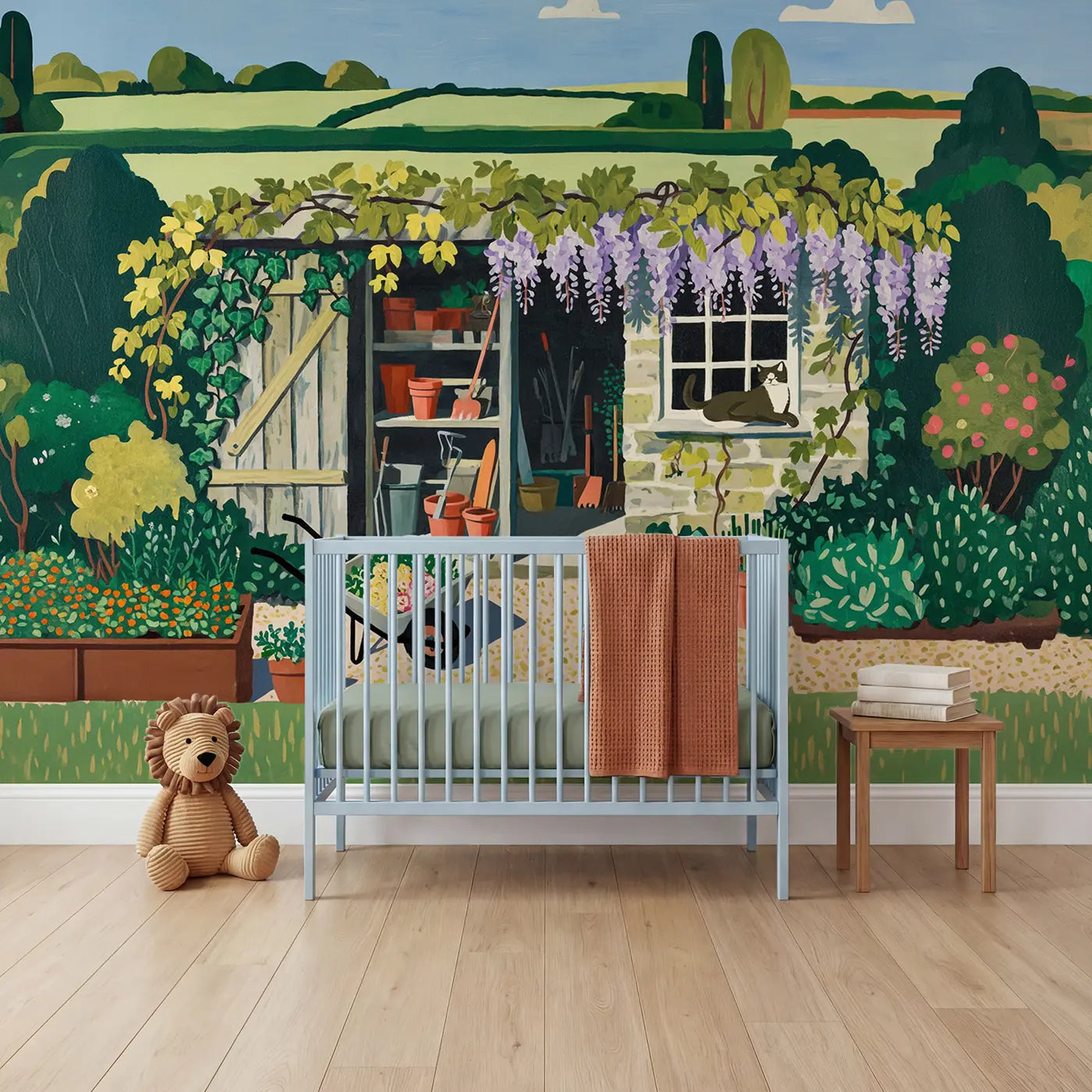 Modern illustration garden potting shed wallpaper mural for nursery by Whimsy Tots