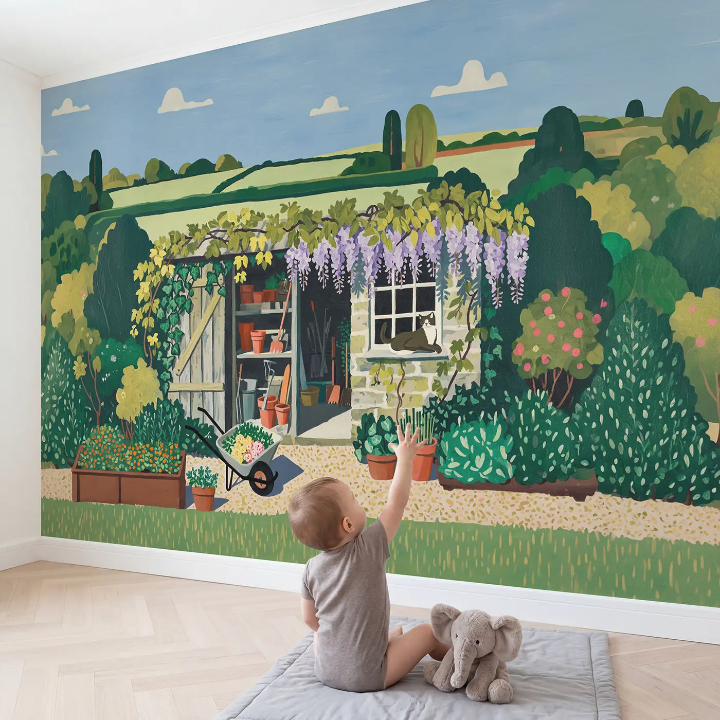 Child in nursery with Garden Potting Shed Wallpaper Mural by Whimsy Tots