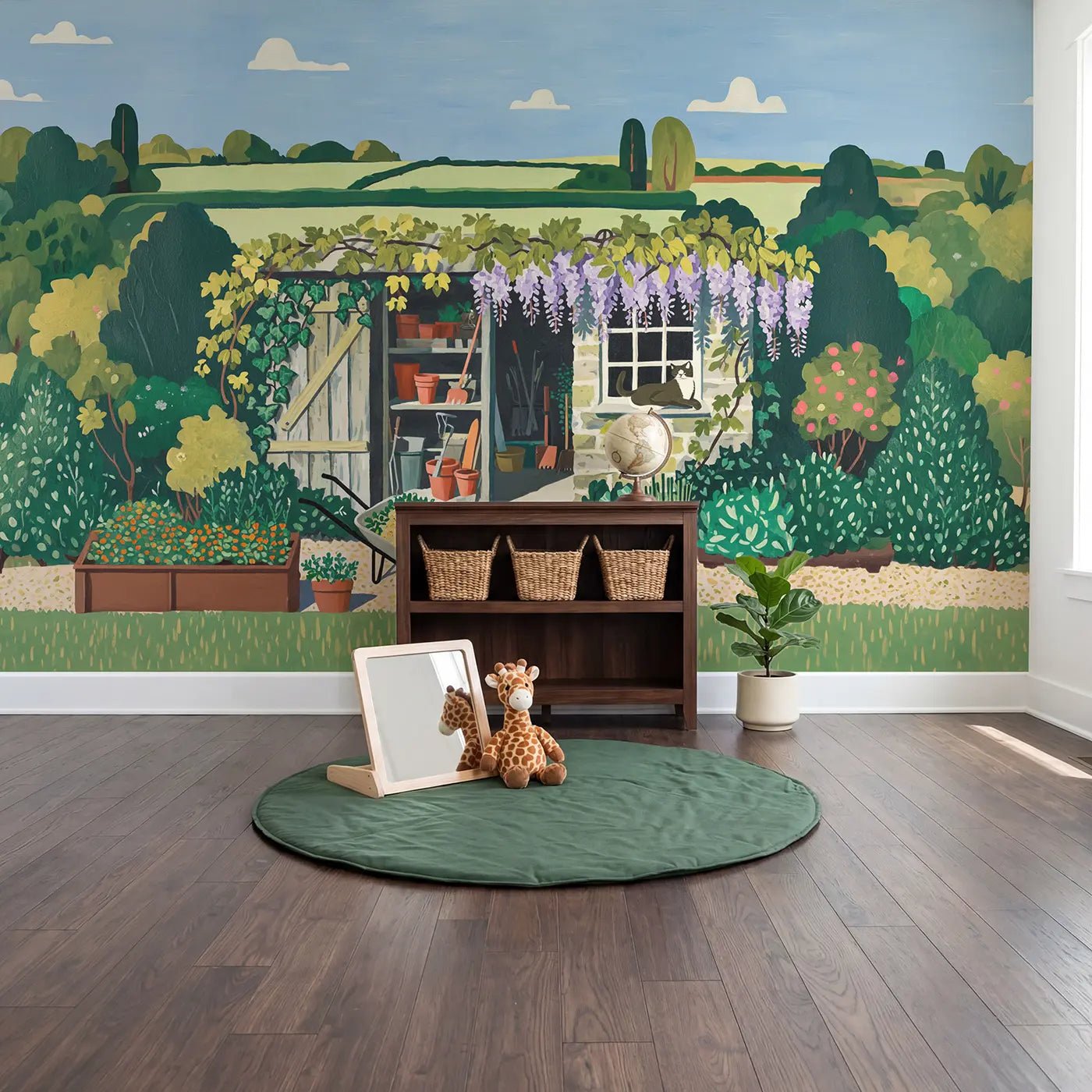 Garden Potting Shed Wallpaper Mural in playroom setting by Whimsy Tots