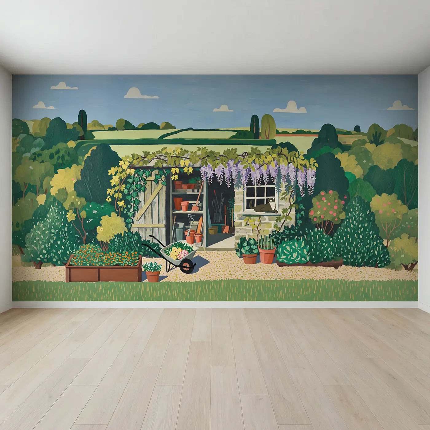 Full view of Garden Potting Shed Wallpaper Mural by Whimsy Tots