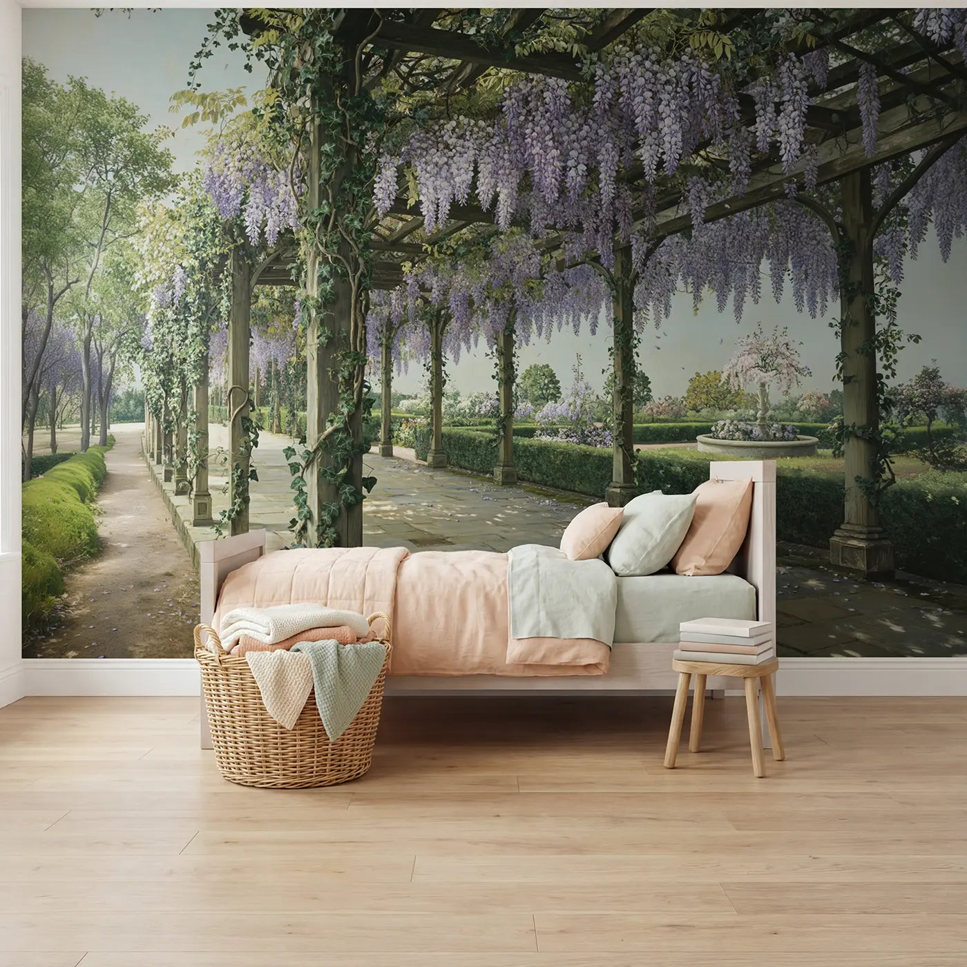 Botanical Elegance wisteria pergola garden walk wallpaper mural for girls room by Whimsy Tots