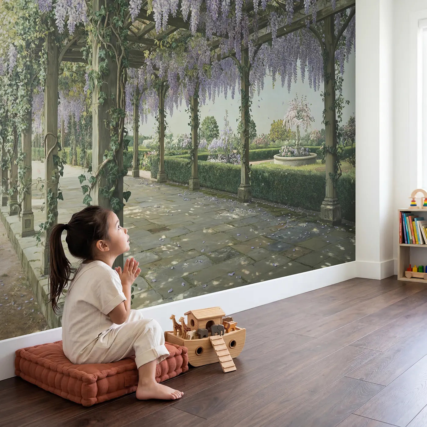 Child in nursery with Wisteria Pergola Garden Walk Wallpaper Mural by Whimsy Tots
