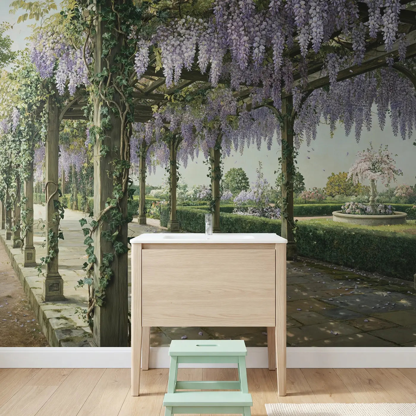 Wisteria Pergola Garden Walk Wallpaper Mural in playroom setting by Whimsy Tots