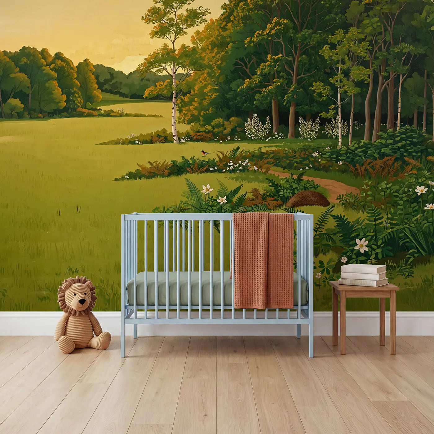 Modern illustration forest botanical wallpaper mural for nursery by Whimsy Tots