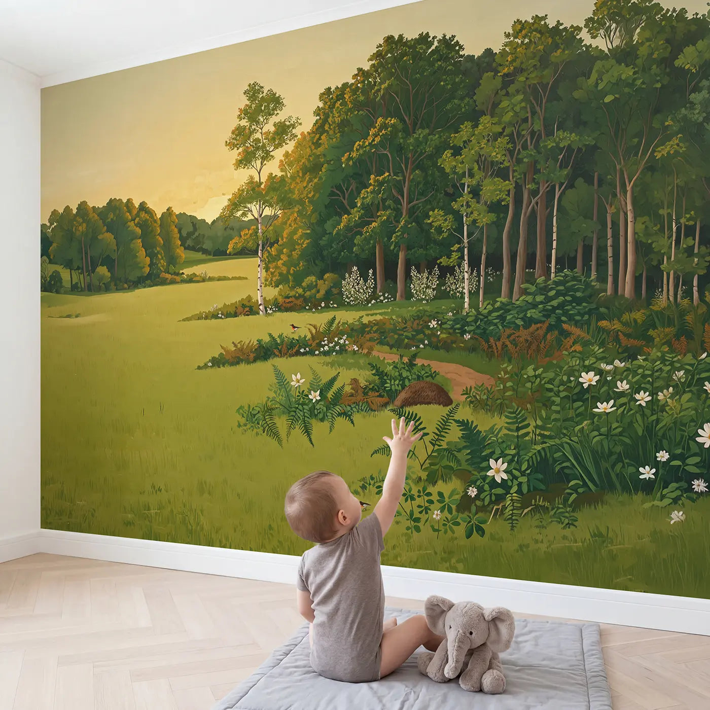 Child in nursery with Forest Edge Meeting Meadow Wallpaper Mural by Whimsy Tots