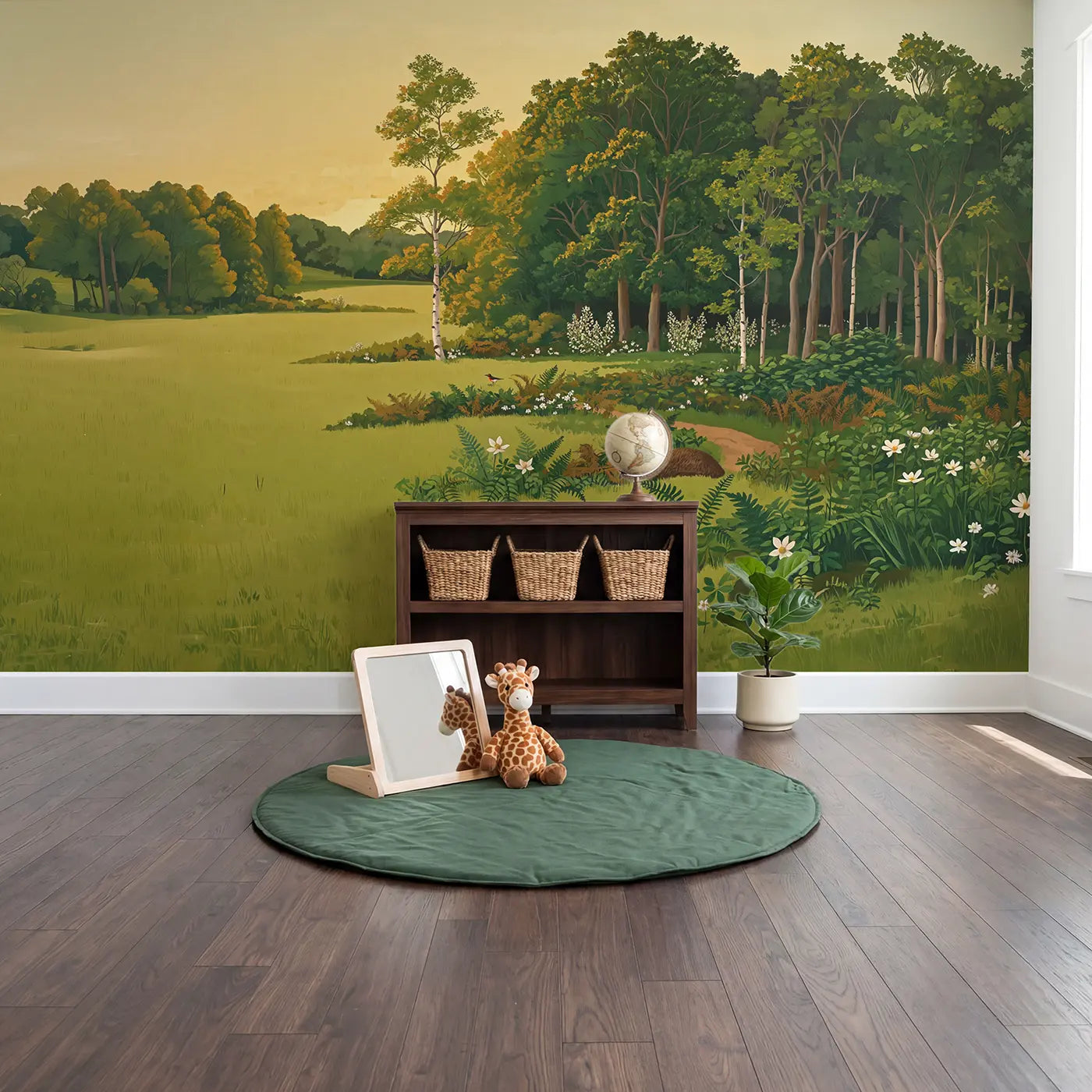 Forest Edge Meeting Meadow Wallpaper Mural in playroom setting by Whimsy Tots