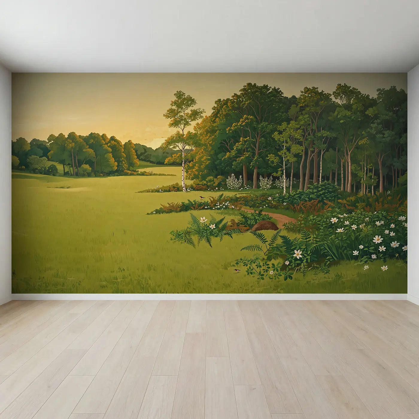 Full view of Forest Edge Meeting Meadow Wallpaper Mural by Whimsy Tots
