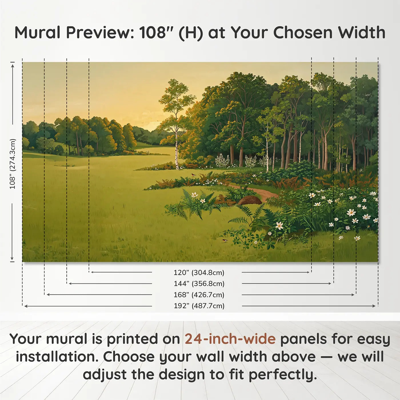 Panel layout and dimensions for Forest Edge Meeting Meadow Wallpaper Mural by Whimsy Tots