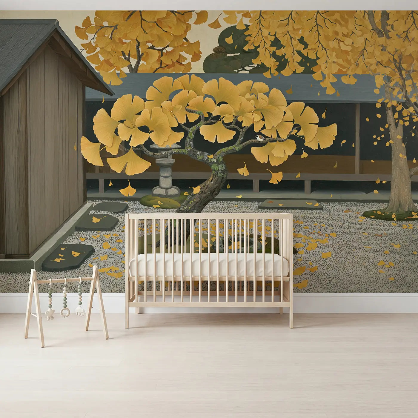 Modern illustration golden ginkgo Japanese garden wallpaper mural for kids room by Whimsy Tots