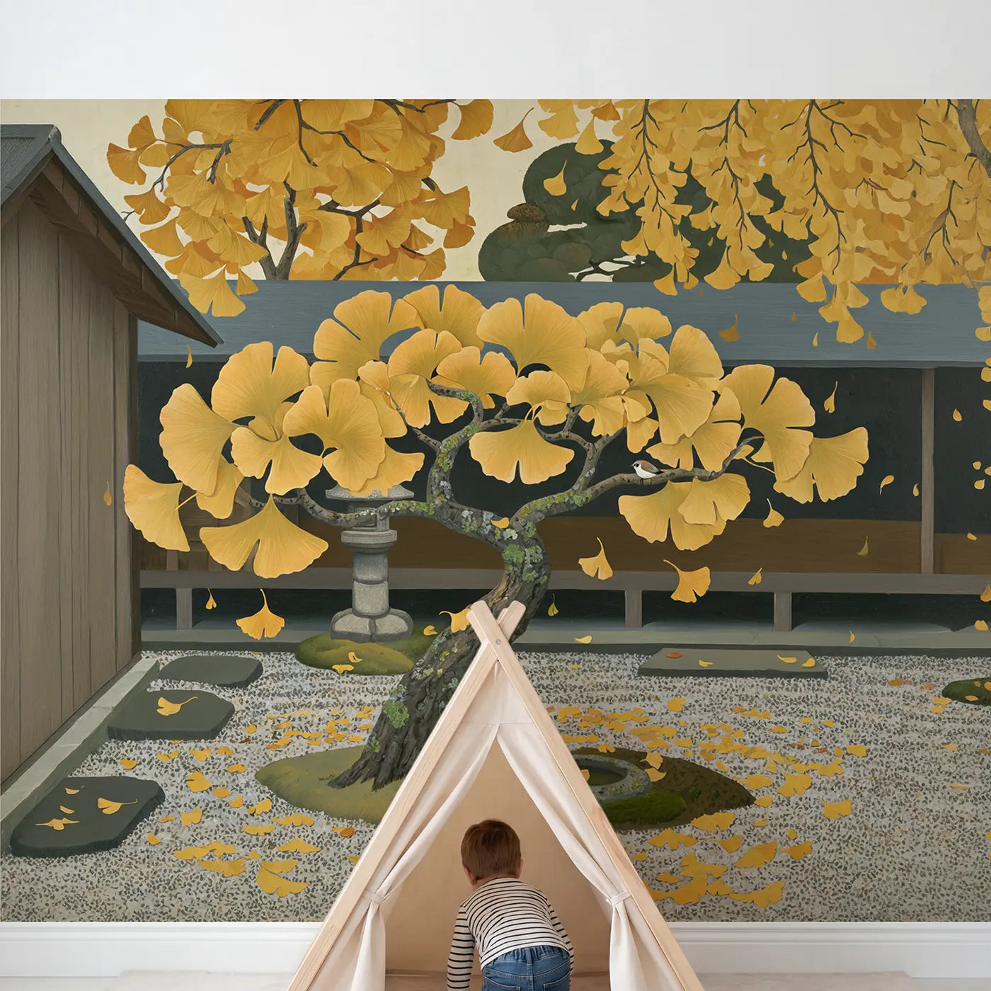 Child in nursery with Golden Ginkgo Japanese Garden Wallpaper Mural by Whimsy Tots