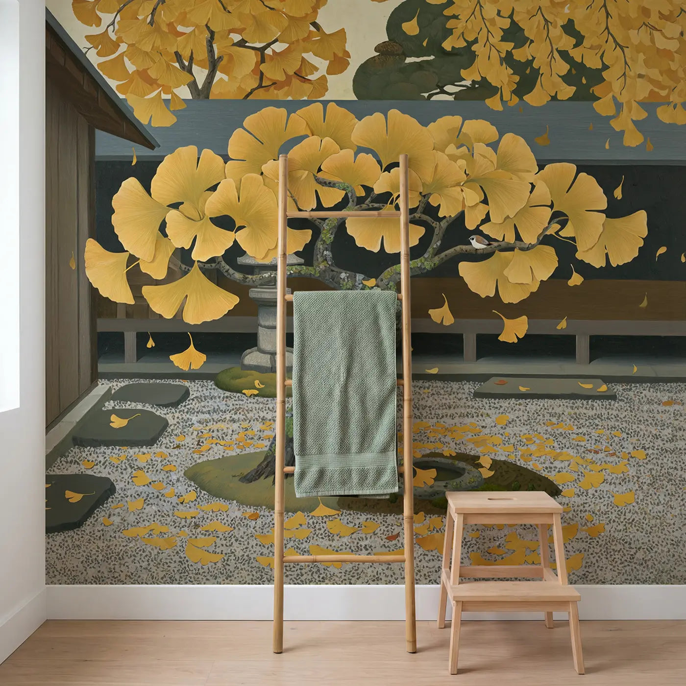 Golden Ginkgo Japanese Garden Wallpaper Mural in playroom setting by Whimsy Tots