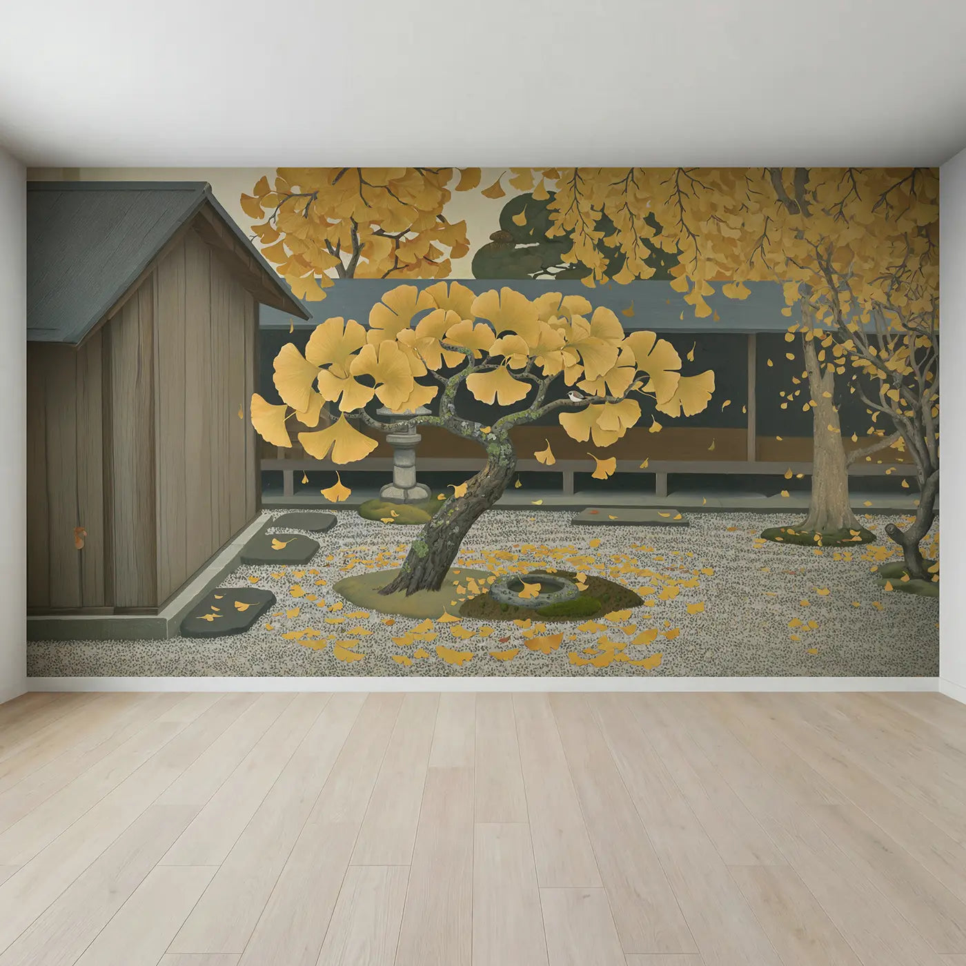 Full view of Golden Ginkgo Japanese Garden Wallpaper Mural by Whimsy Tots