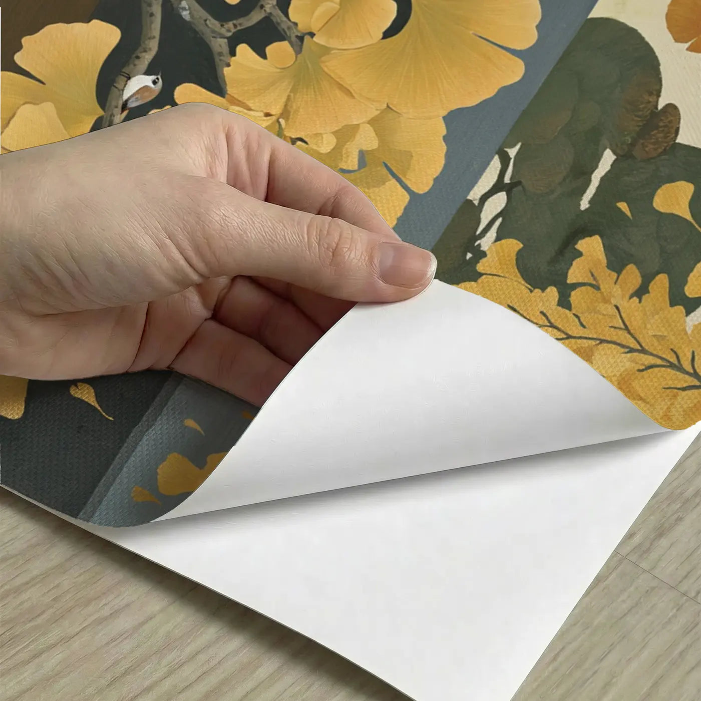 Peel-and-stick detail of Golden Ginkgo Japanese Garden Wallpaper Mural by Whimsy Tots