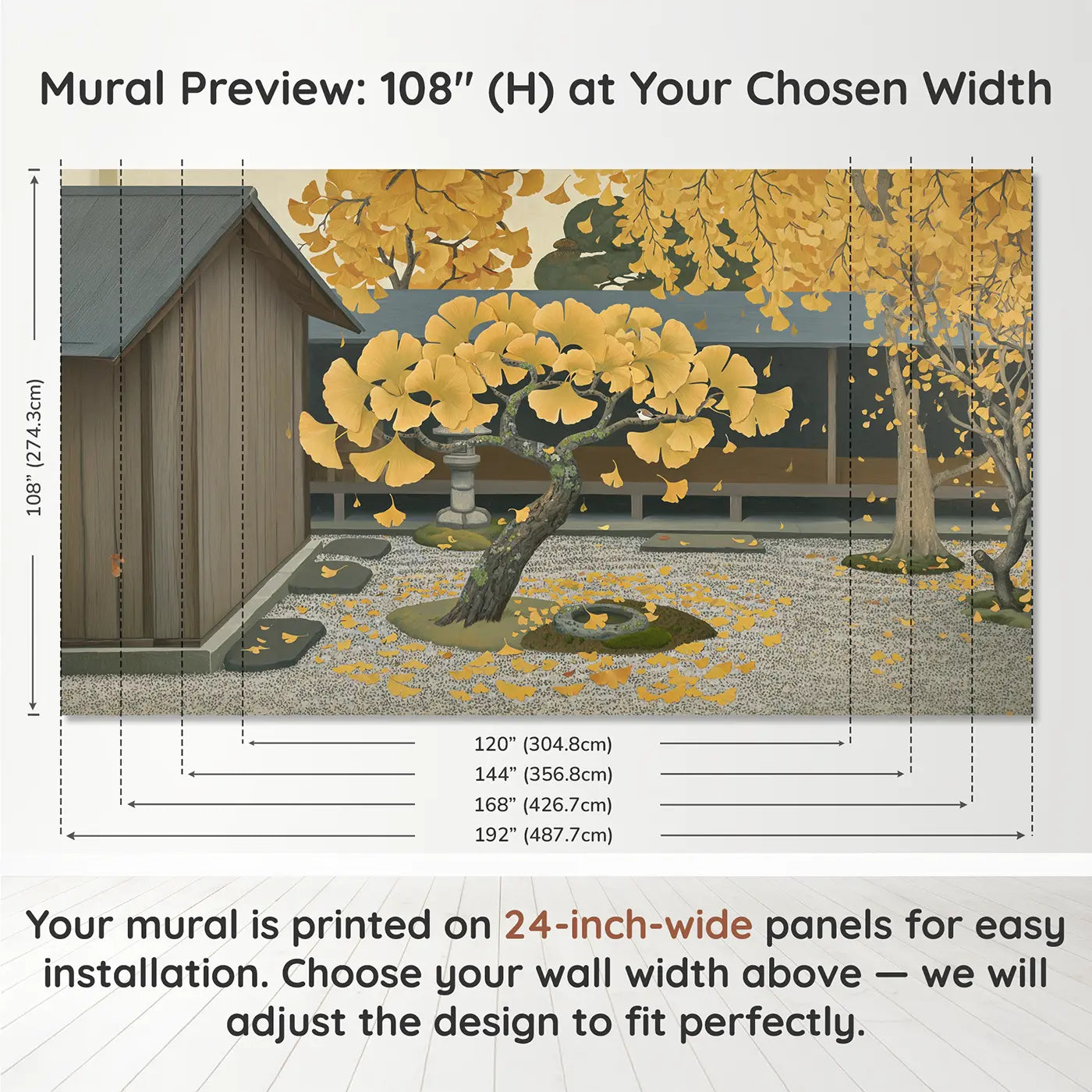 Panel layout and dimensions for Golden Ginkgo Japanese Garden Wallpaper Mural by Whimsy Tots