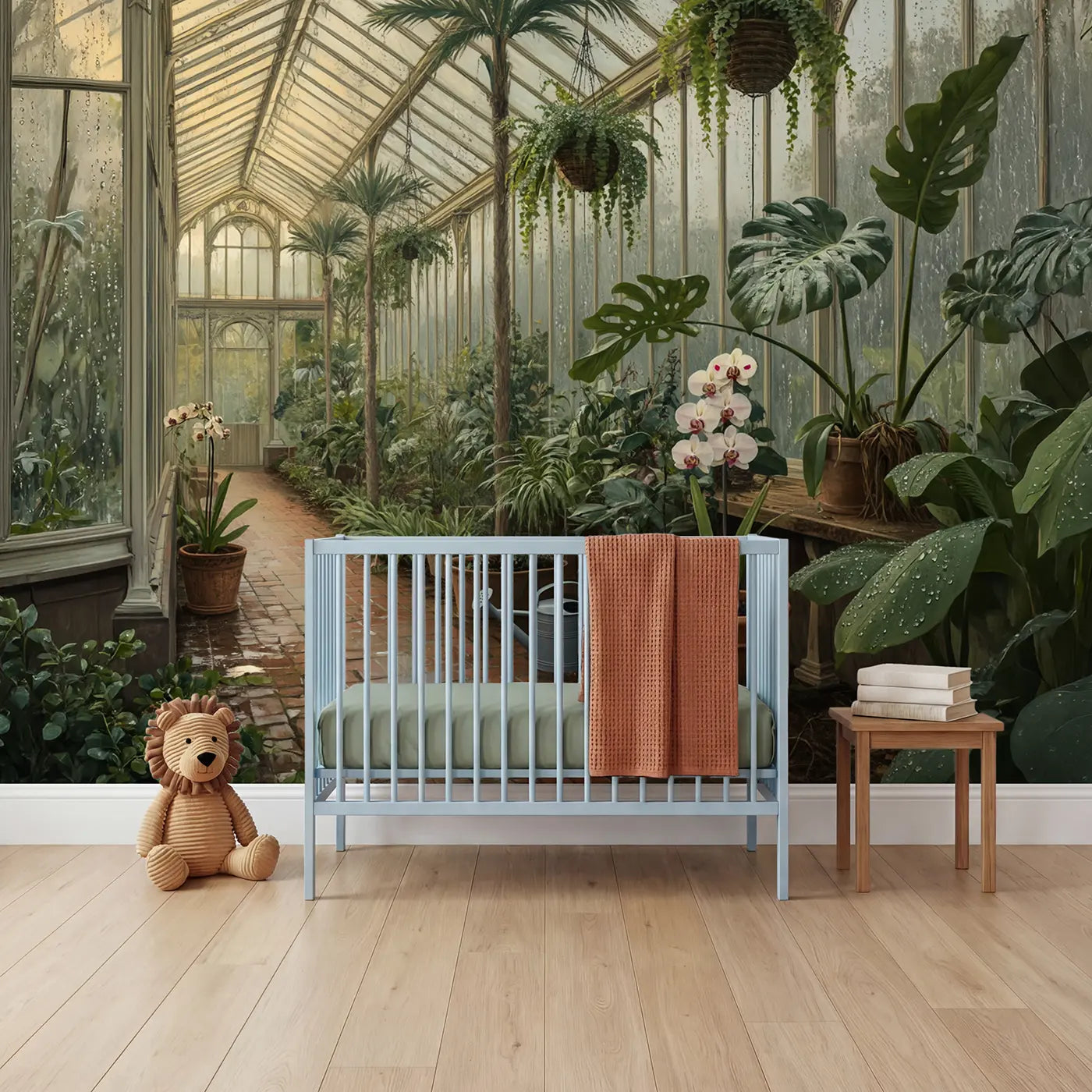 Botanical elegance greenhouse and palm wallpaper mural for nursery by Whimsy Tots