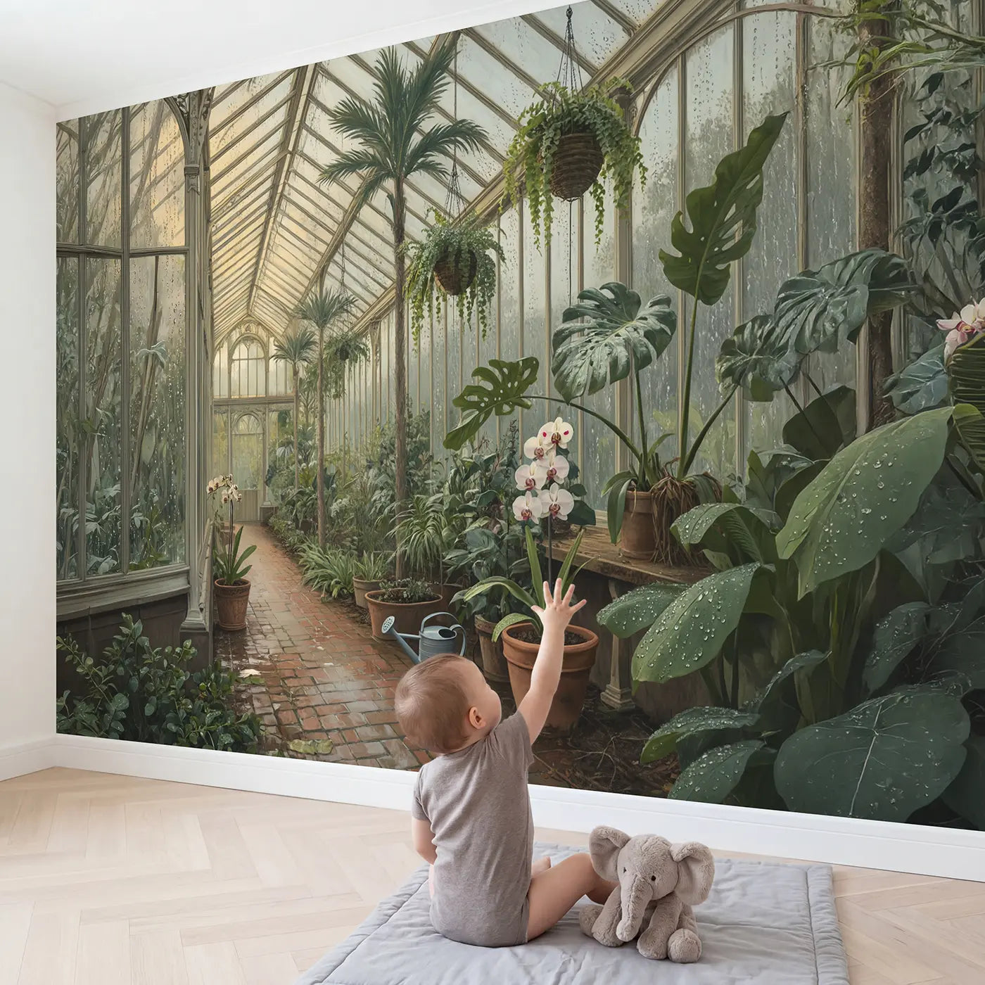 Child in nursery with Tropical Greenhouse Garden Wallpaper Mural by Whimsy Tots