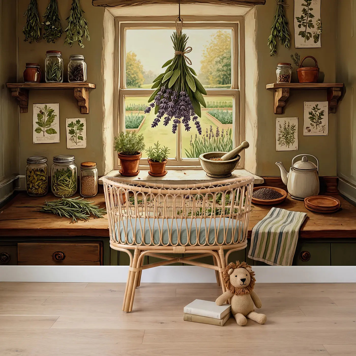 Block print herb bundle botanical wallpaper mural for boys nursery by Whimsy Tots