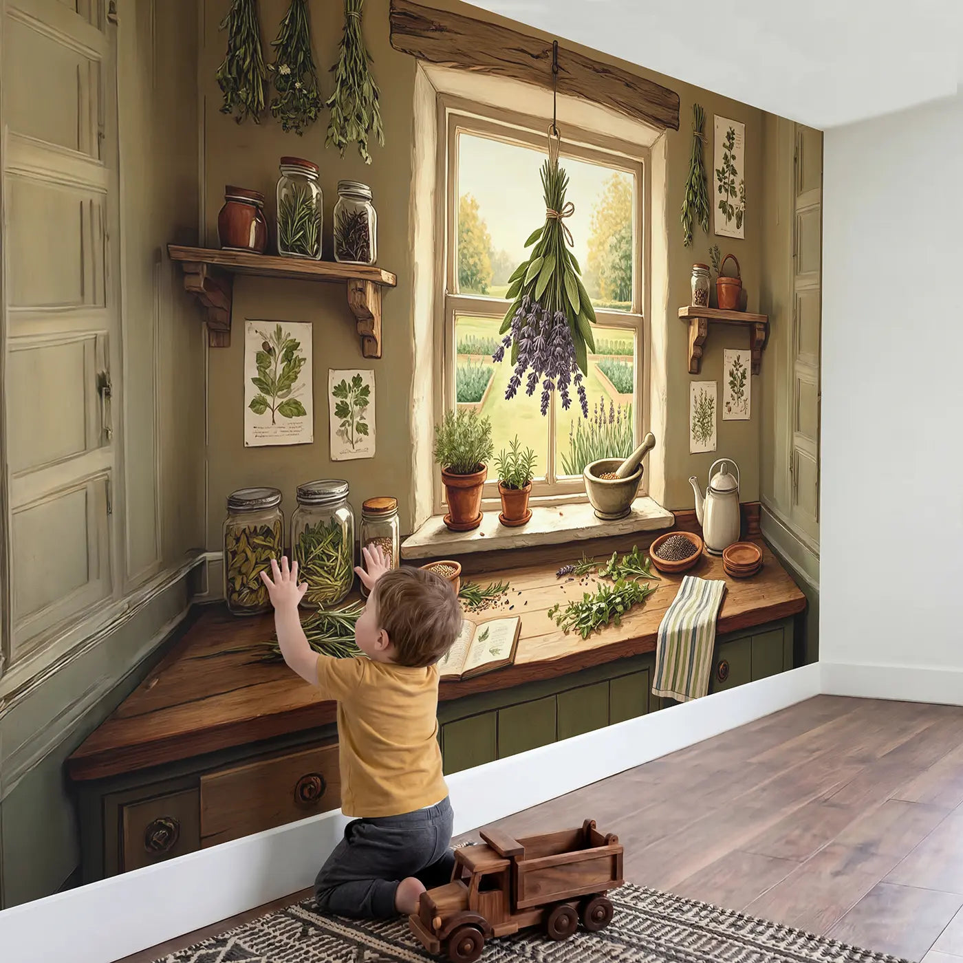 Child in nursery with Herb Bundle Kitchen Window Wallpaper Mural by Whimsy Tots