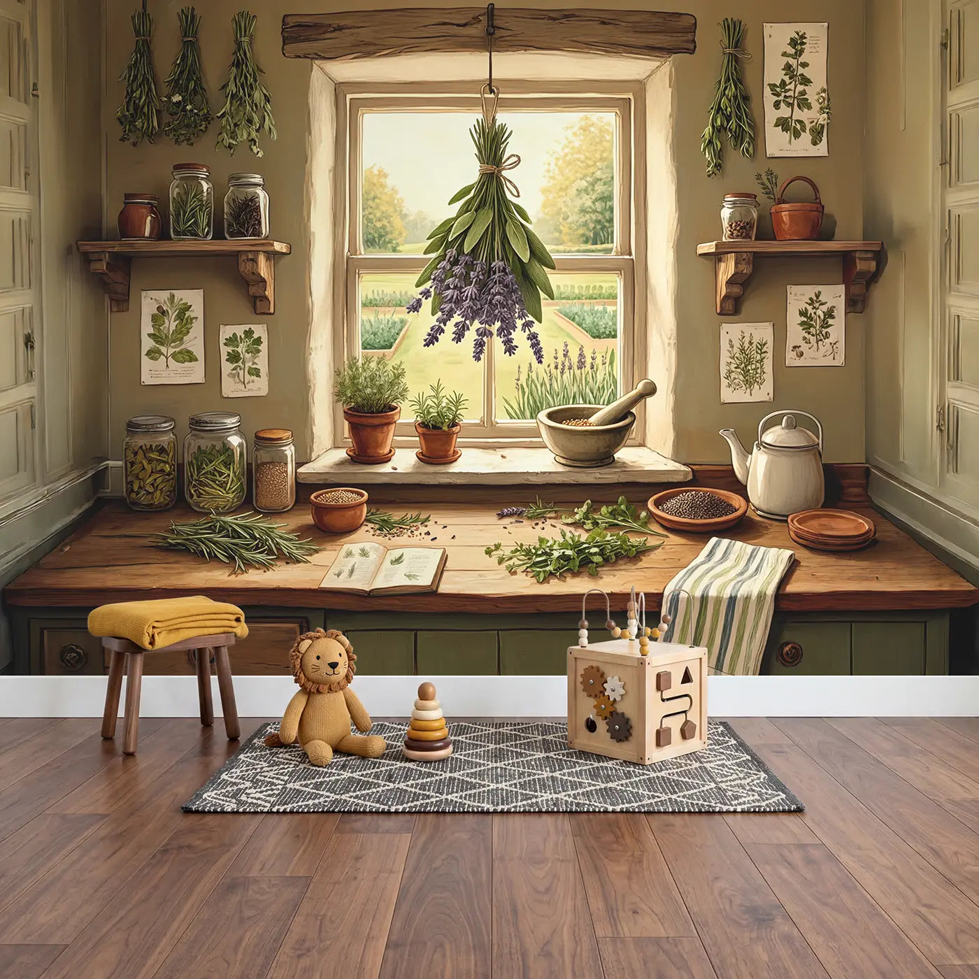 Herb Bundle Kitchen Window Wallpaper Mural in playroom setting by Whimsy Tots