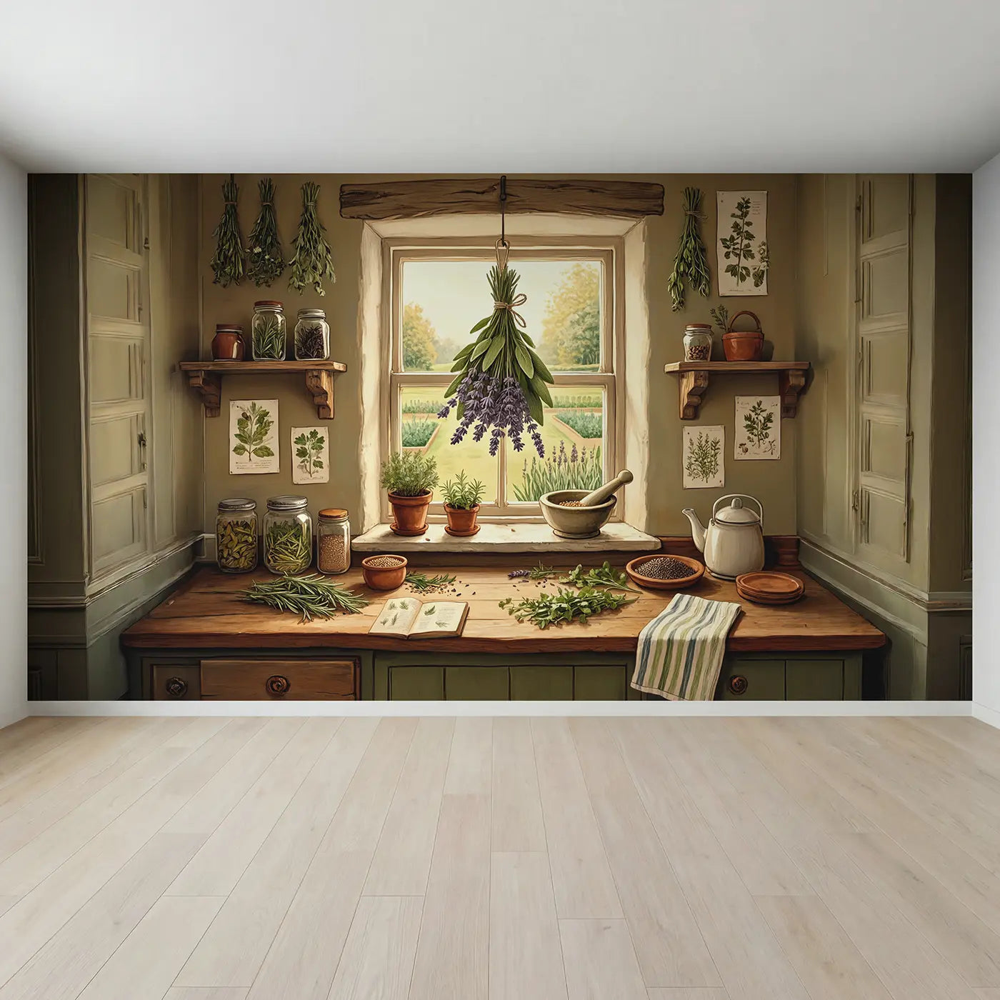 Full view of Herb Bundle Kitchen Window Wallpaper Mural by Whimsy Tots