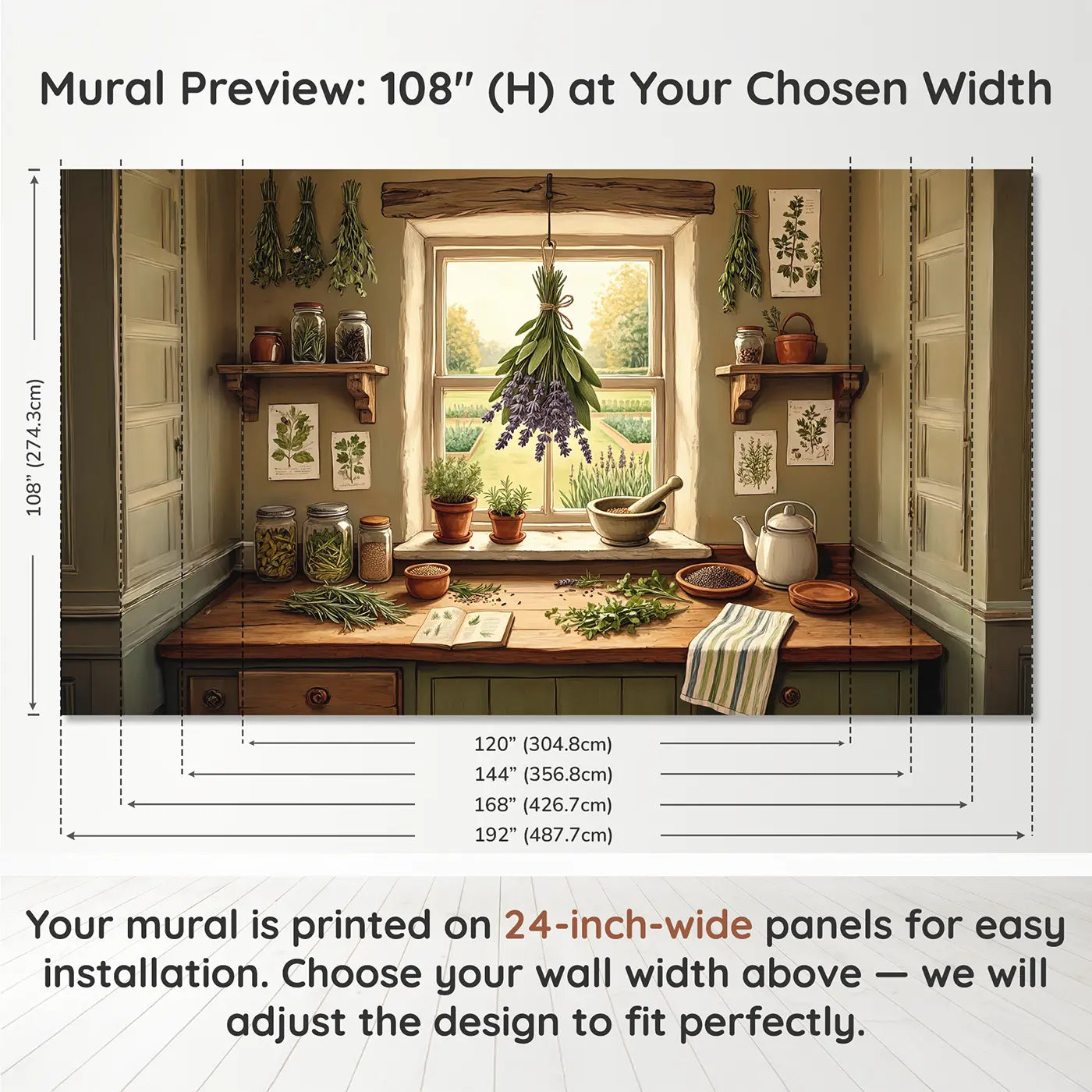 Panel layout and dimensions for Herb Bundle Kitchen Window Wallpaper Mural by Whimsy Tots
