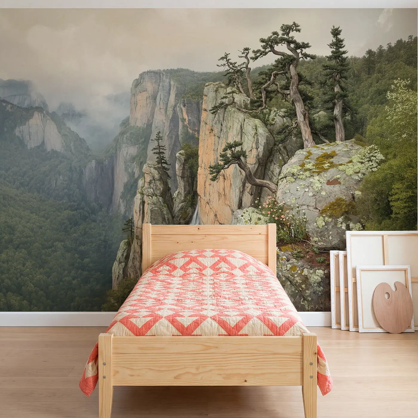 Soft pastel pine mountain landscape wallpaper mural for kids room by Whimsy Tots