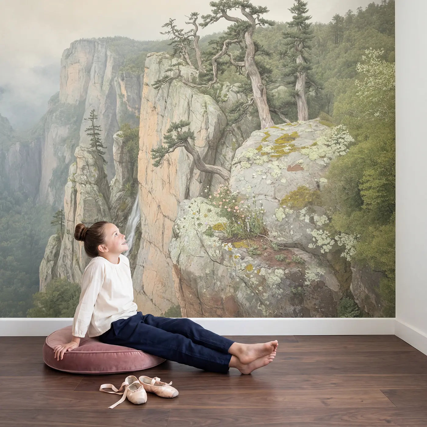 Child in nursery with Cliff Pine Resilience Wallpaper Mural by Whimsy Tots