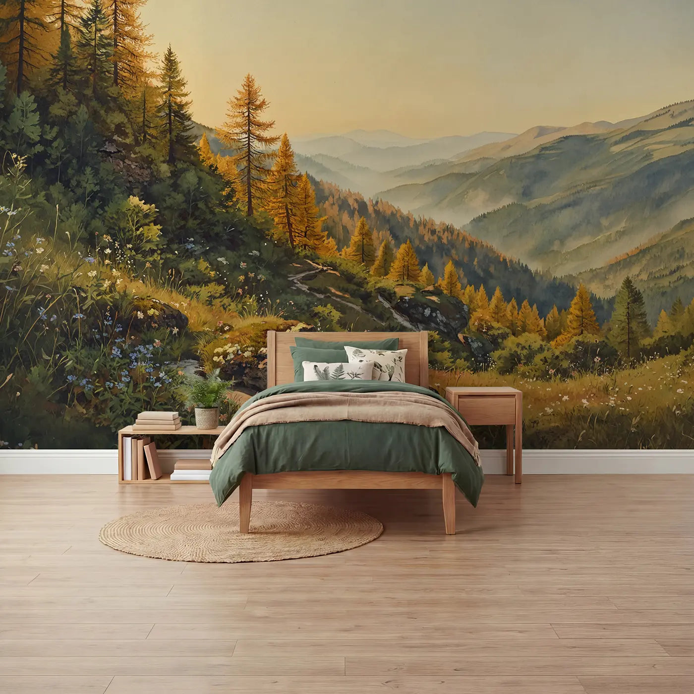 watercolor autumn mountain larch trees wallpaper mural for boys room by Whimsy Tots