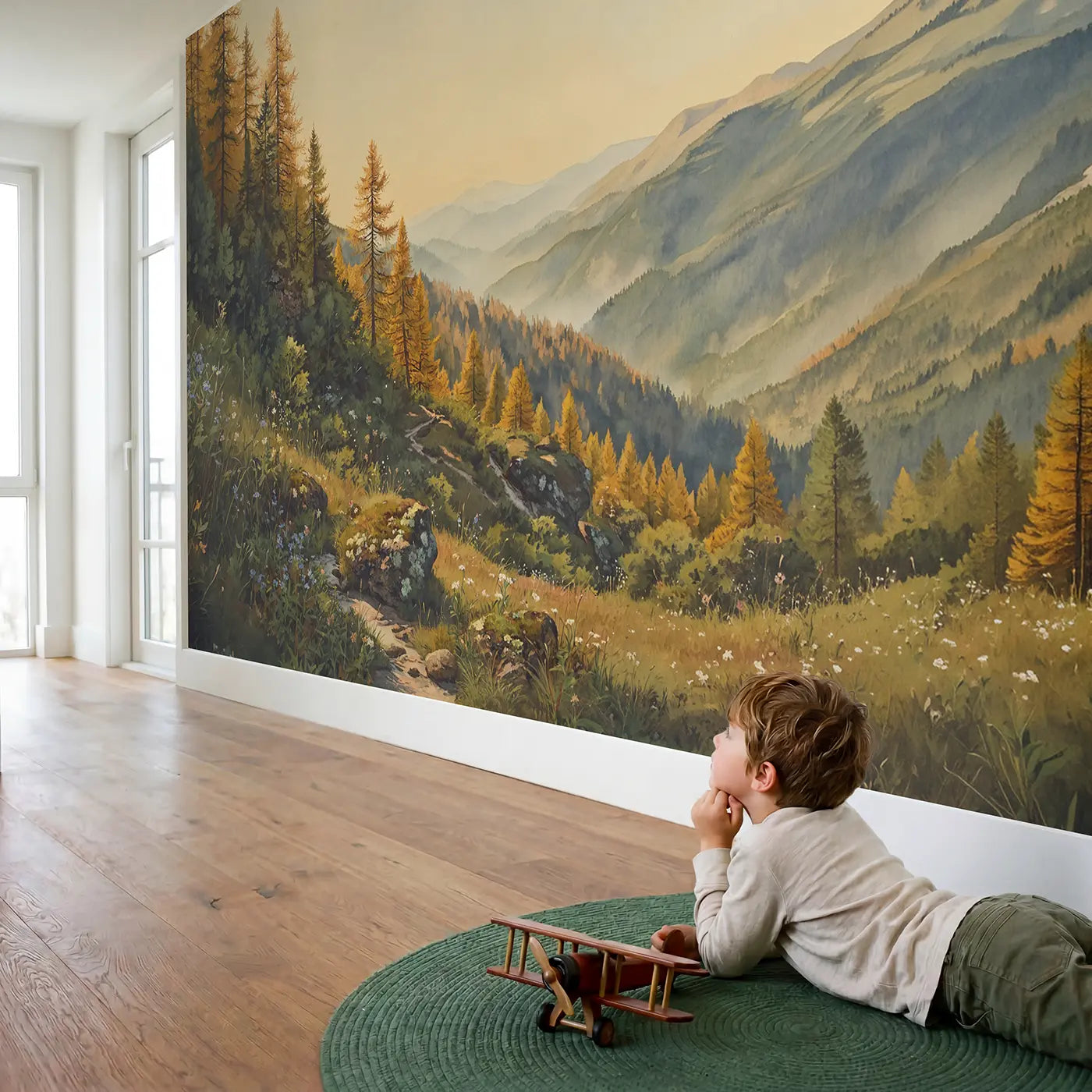 Child in nursery with Mountain Autumn Larch Trees Wallpaper Mural by Whimsy Tots