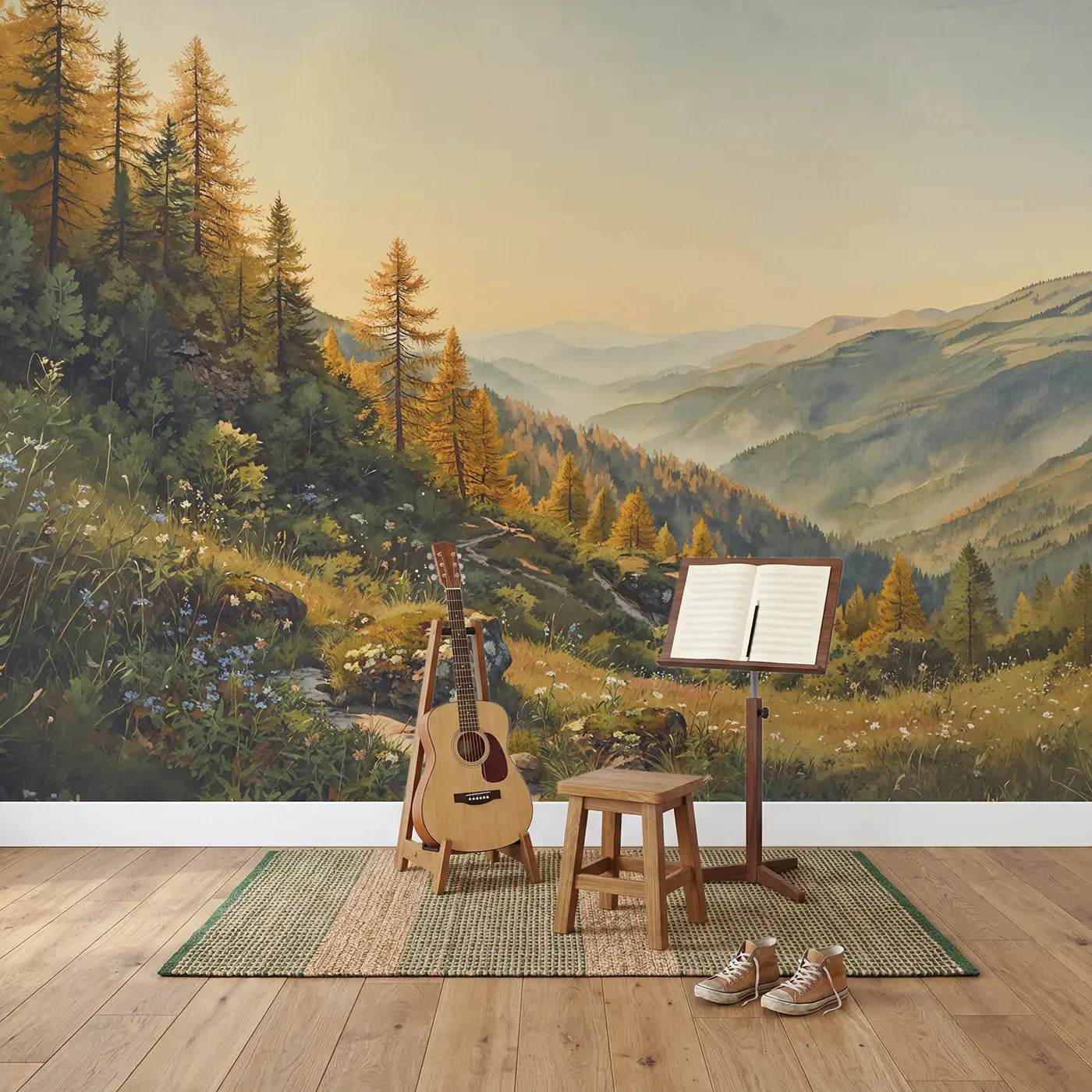Mountain Autumn Larch Trees Wallpaper Mural in playroom setting by Whimsy Tots