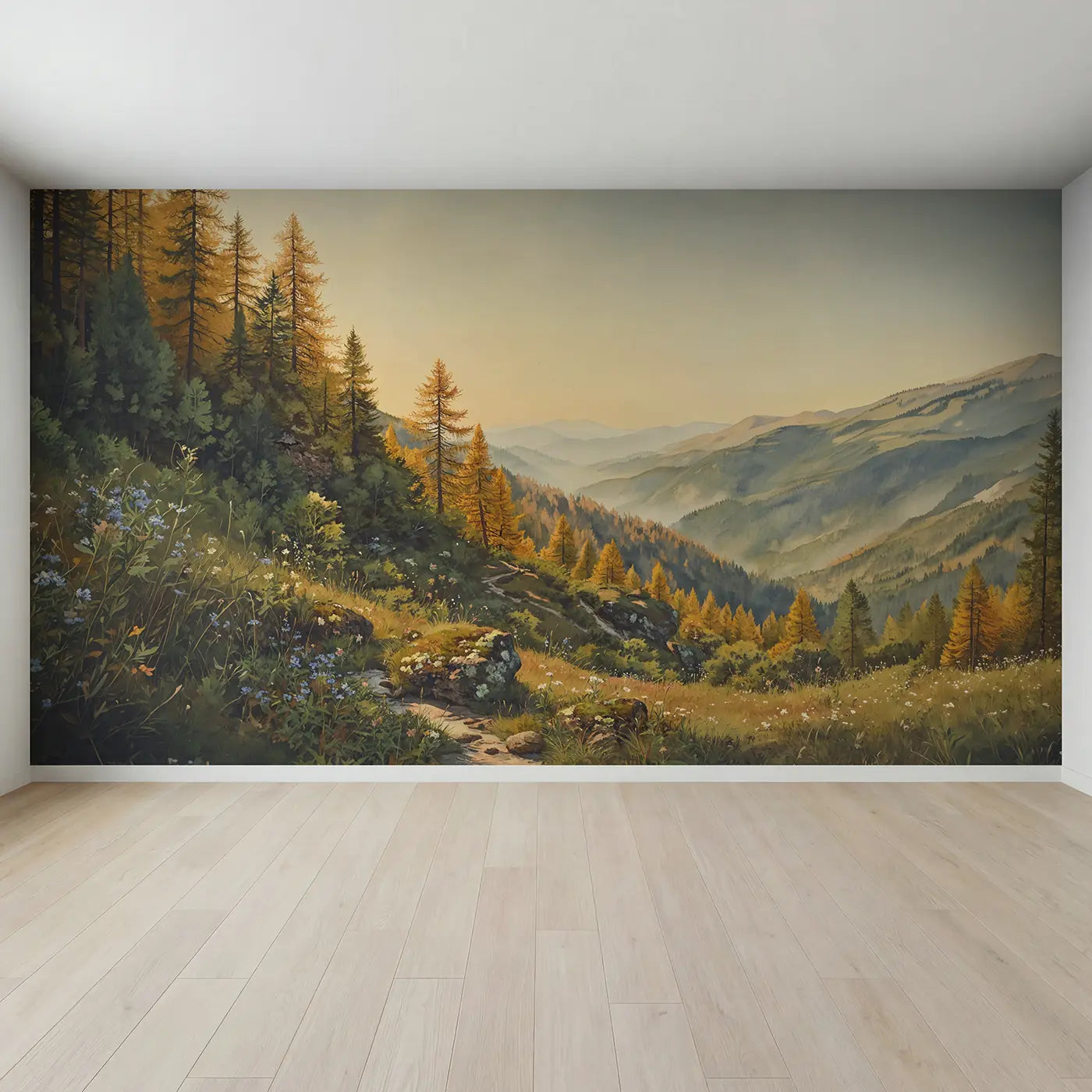 Full view of Mountain Autumn Larch Trees Wallpaper Mural by Whimsy Tots