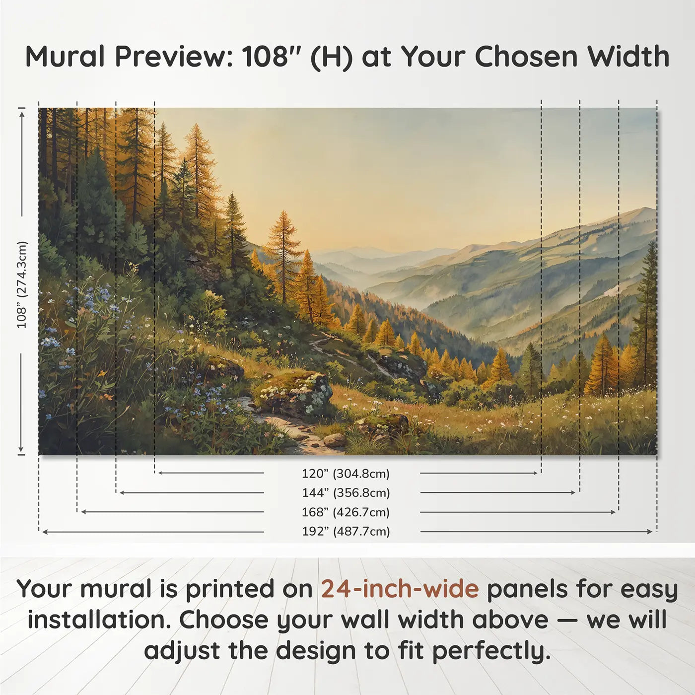 Panel layout and dimensions for Mountain Autumn Larch Trees Wallpaper Mural by Whimsy Tots