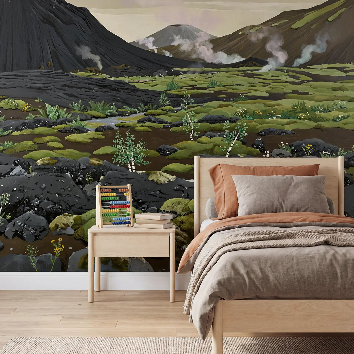 Modern illustration volcanic valley recovery wallpaper mural for kids room by Whimsy Tots